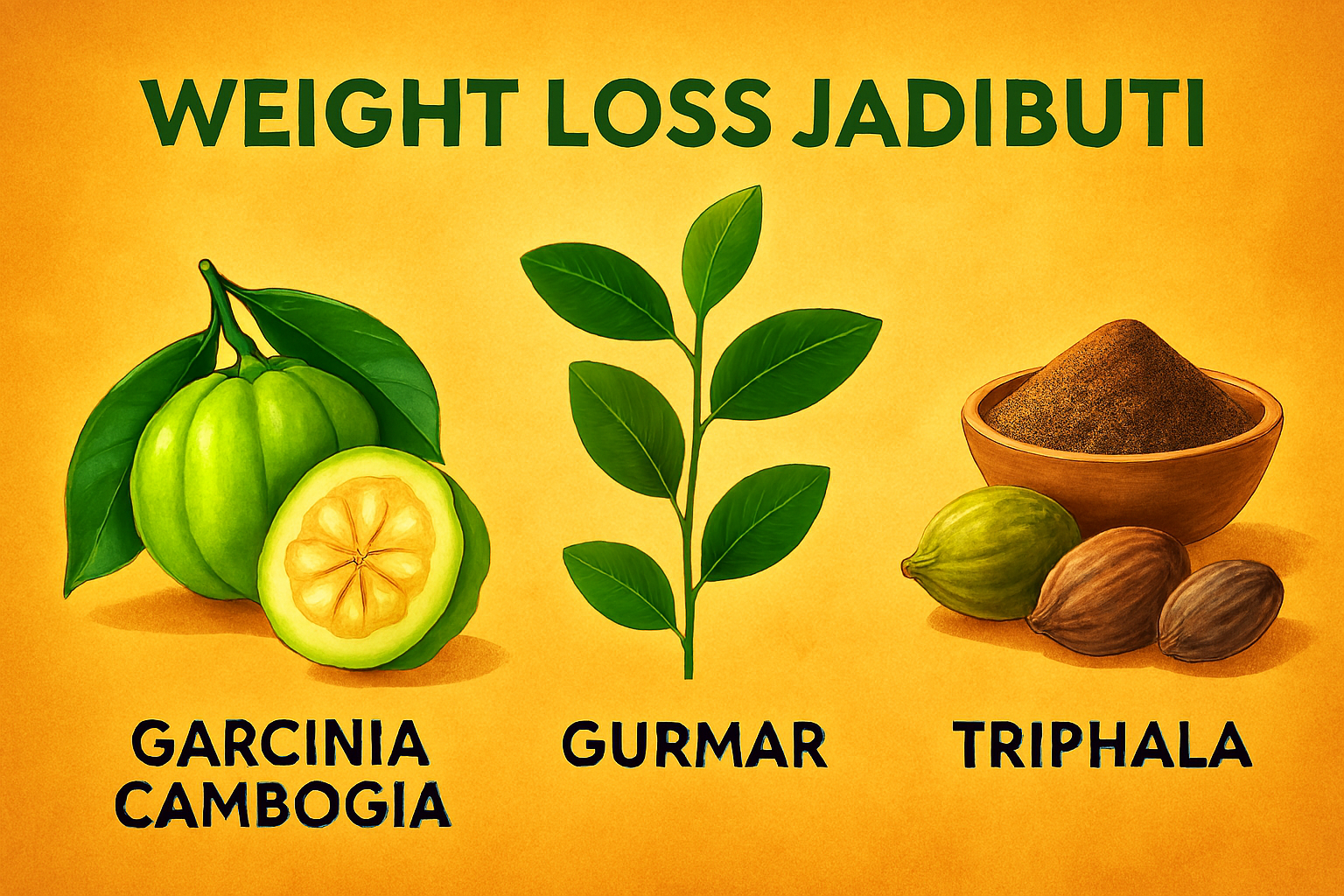 “Ayurvedic herbs for weight loss featuring Garcinia Cambogia fruit, Gurmar leaves, and Triphala powder with dried fruits, arranged on a warm golden background under the heading ‘Weight Loss Jadibuti’.”