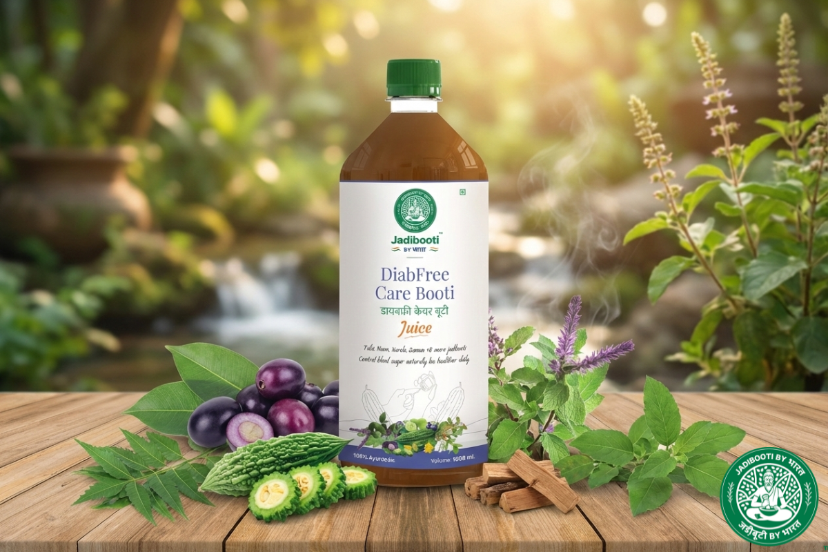 Ayurvedic herbs for diabetes care with Vijaysar Jamun Gudmar in DiabFree Care Booti Juice