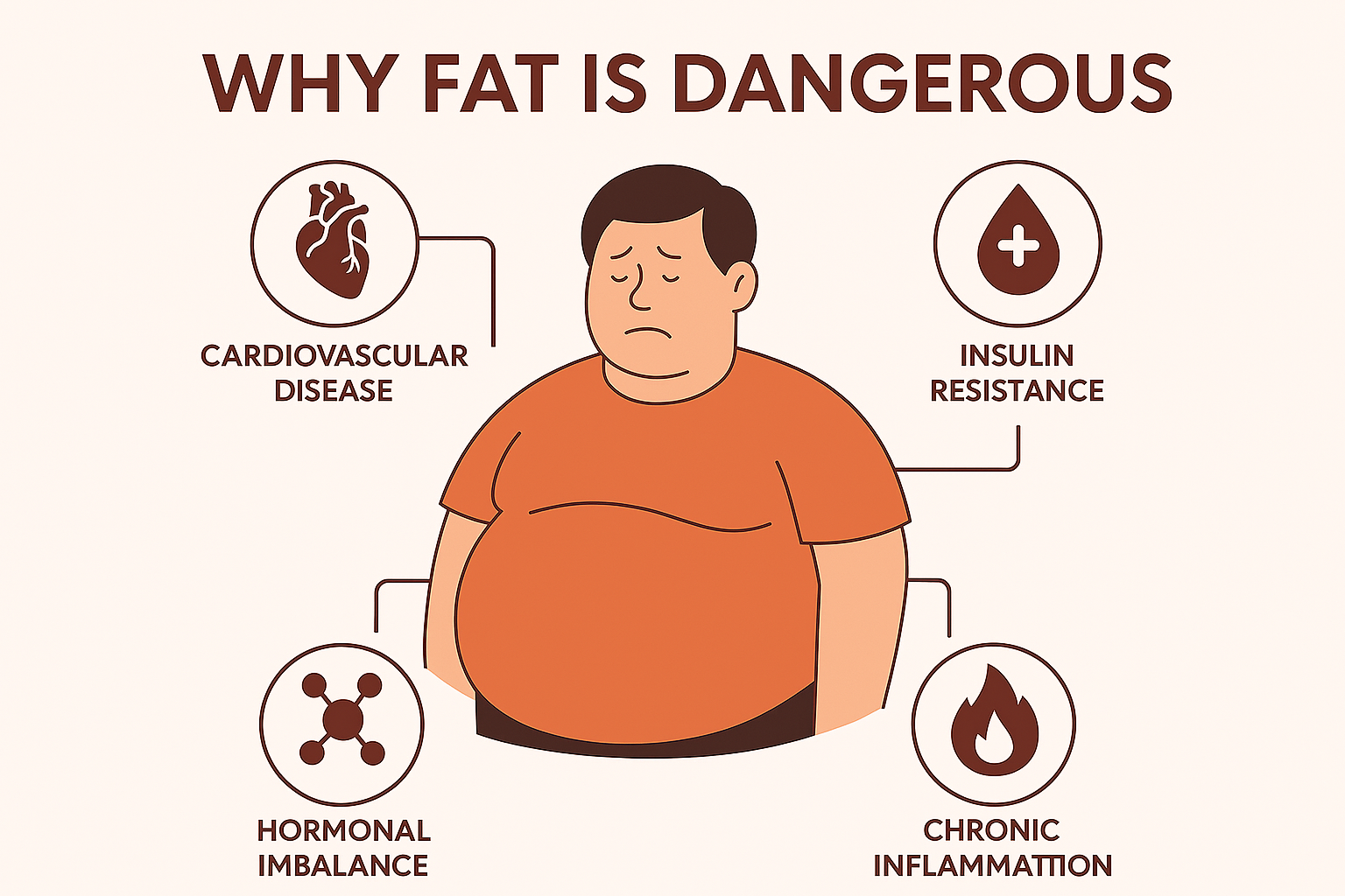 Why Fat Is Dangerous' featuring an illustration of an overweight person surrounded by four icons representing health risks: Cardiovascular Stroke (heart icon), Blood Pressure (droplet icon), Diabetes or Obesity (syringe icon), and Chronic Problems (molecu