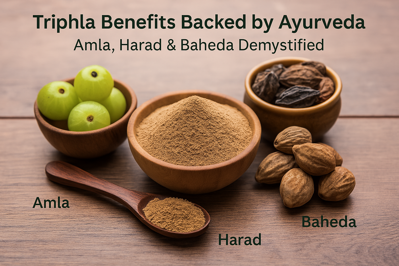 Triphala Benefits Backed by Ayurveda – Amla, Harad & Baheda Domestified,' featuring three Ayurvedic ingredients in both whole and powdered forms. Amla (green fruits), Harad (brown dried fruits), and Baheda (dark dried fruits) are arranged in bowls on a wo