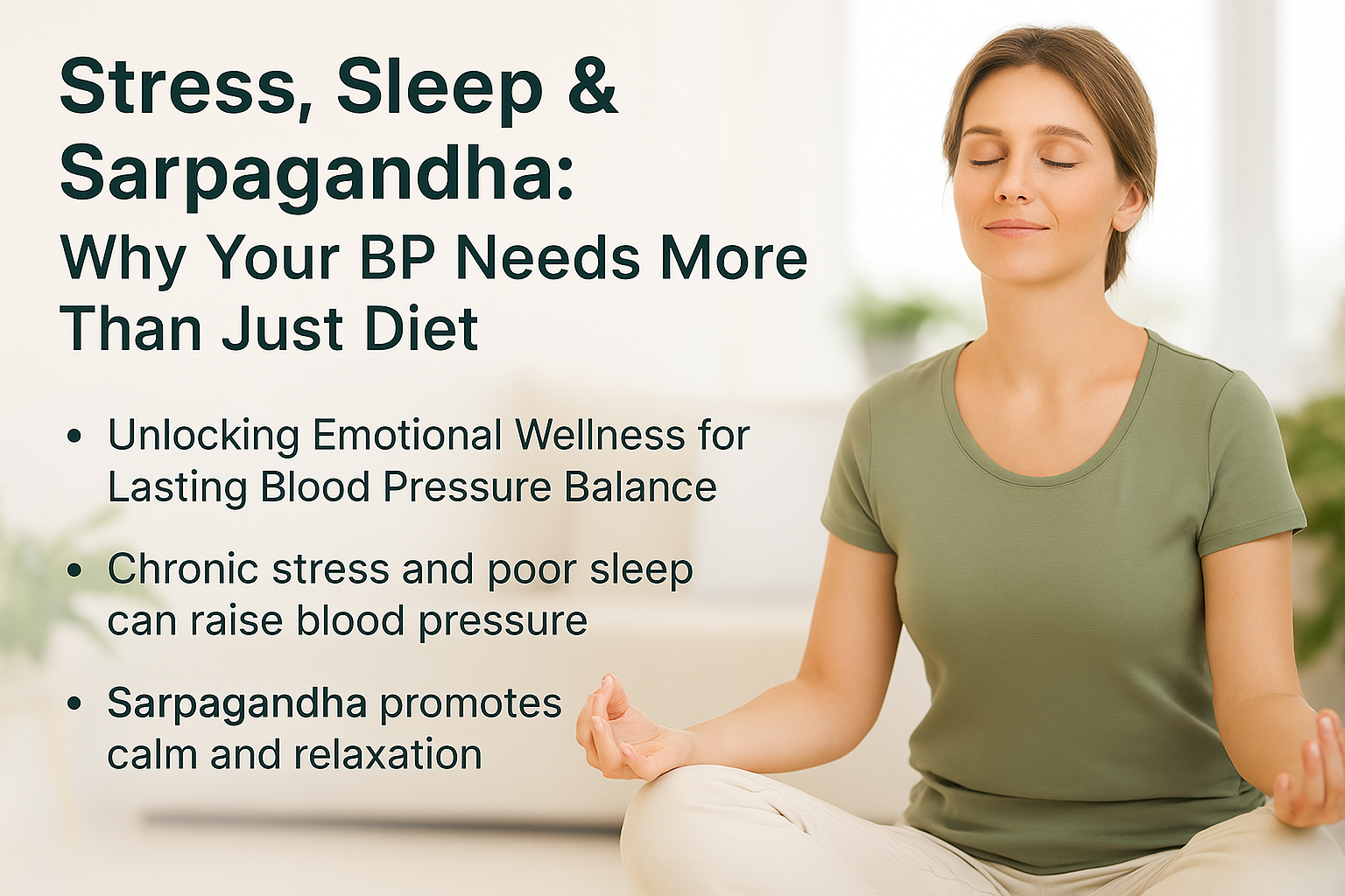 Image of a woman sitting cross-legged in a meditative pose with eyes closed, set in a calm indoor space with a couch and plants. Text highlights the role of Sarpagandha in managing blood pressure through stress and sleep regulation, reading: 'Stress, Slee