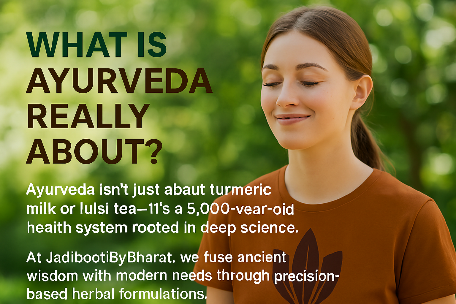 a smiling young person in a peaceful outdoor setting with green foliage, paired with text explaining Ayurveda’s deeper meaning. It reads: 'What is Ayurveda Really About? Ayurveda isn’t just about herbs & oils or the dosha. It’s a full view for your entire