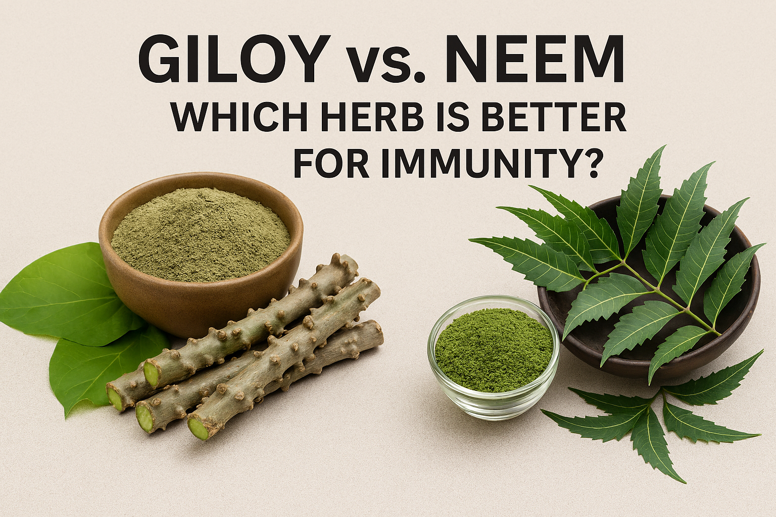 Visual comparison of Giloy and Neem herbs with powders and leaves, asking which is better for immunity support