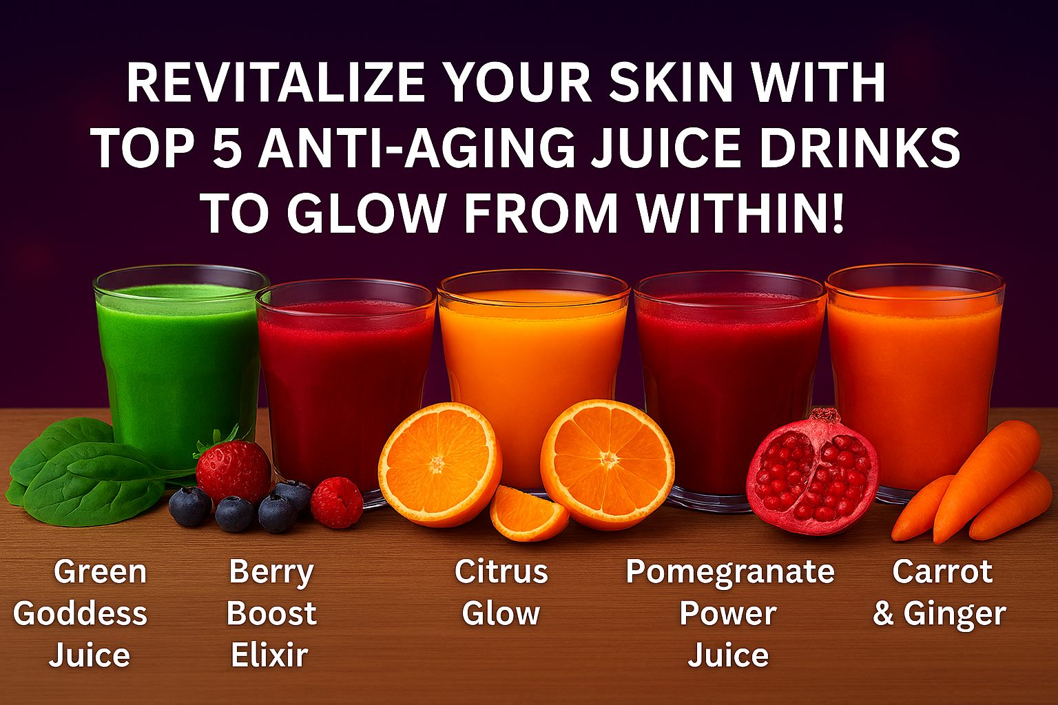 Revitalize Your Skin with Top 5 Anti-Aging Juice Drinks to Glow from Within!'—featuring five colorful juices against a dark purple gradient background. Each juice is paired with its key ingredients: Green Goddess Juice (spinach), Beet Boost Elixir (beets)