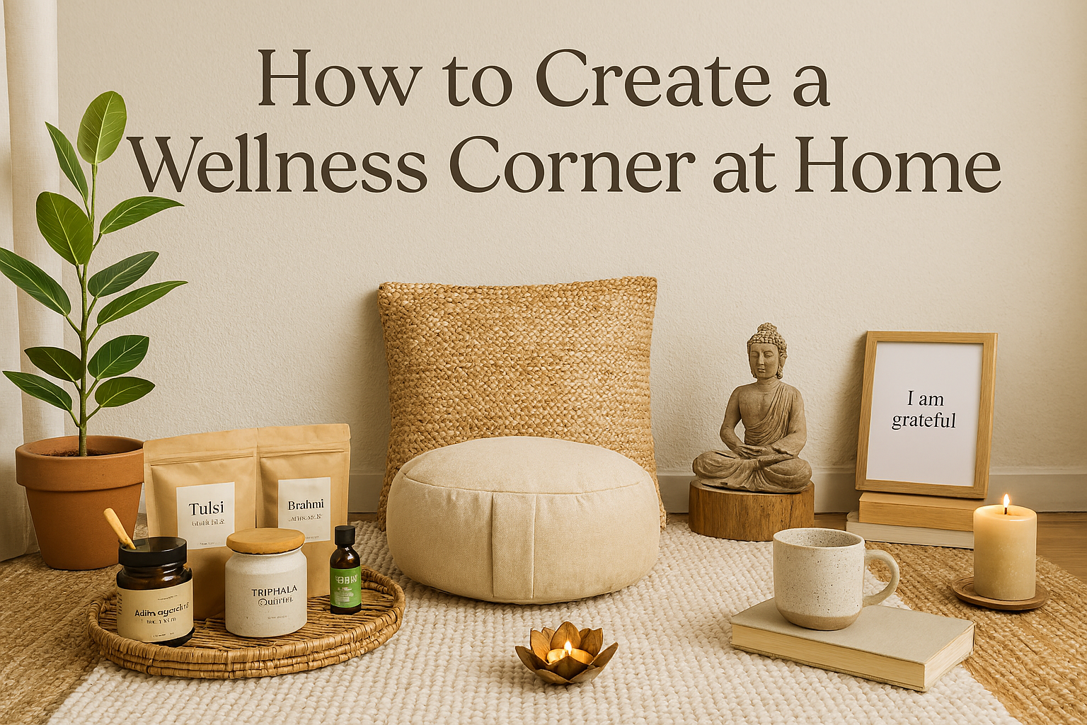 Serene home wellness corner featuring a woven cushion on a soft rug, surrounded by candles, essential oils, a Buddha statue, a framed sign reading 'Love grows here,' and a potted plant—evoking a peaceful space for meditation, relaxation, and self-care.