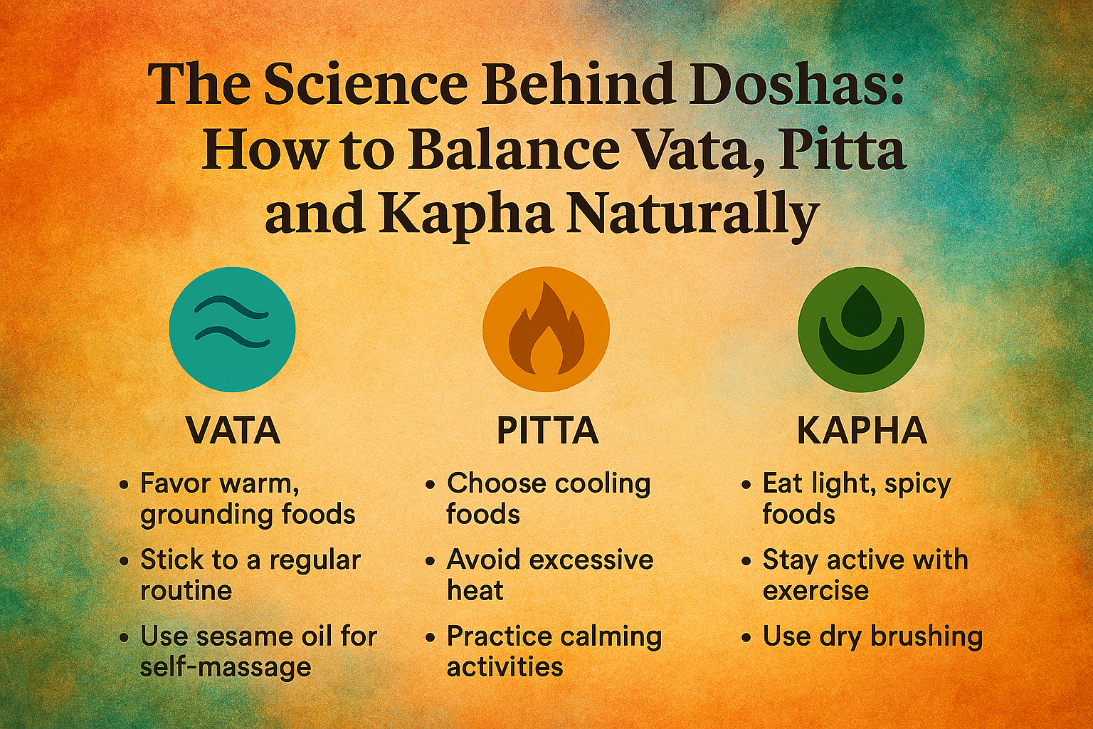 Infographic titled 'The Science Behind Doshas: How to Balance Vata, Pitta and Kapha Naturally'—featuring symbols and colors for each Ayurvedic dosha. Vata (blue waves): linked to anxiety, benefits from warm meals and sesame oil. Pitta (orange flame): asso