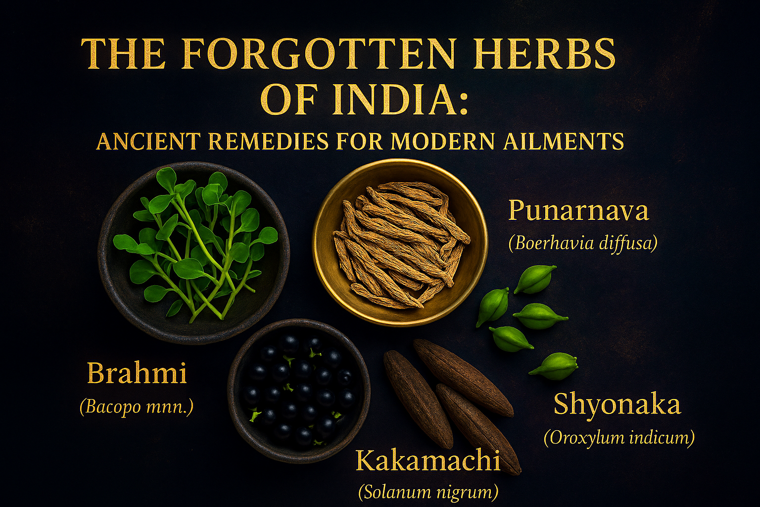 Informational image titled 'The Forgotten Herbs of India: Ancient Remedies for Modern Ailments'—featuring illustrations of Brahmi (green leaves), Safed Musli (white roots), Parijat (green leaves with white flowers), and Majistha (green leaves with red roo