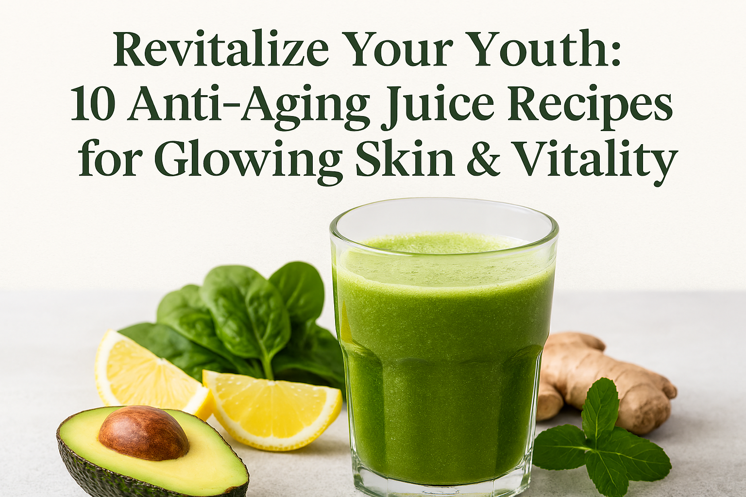 Green juice with avocado, lemon, spinach, and mint promoting anti-aging benefits for glowing skin and vitality.