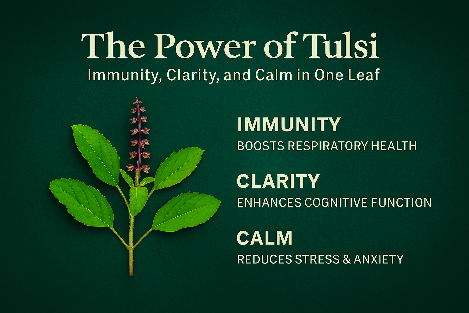 Informational image titled 'The Power of Tulsi – Immunity, Clarity, and Calm in One Leaf,' featuring an illustrated Tulsi plant with green leaves and a purple flower spike on a dark green background. Text highlights Tulsi’s benefits: boosting respiratory 