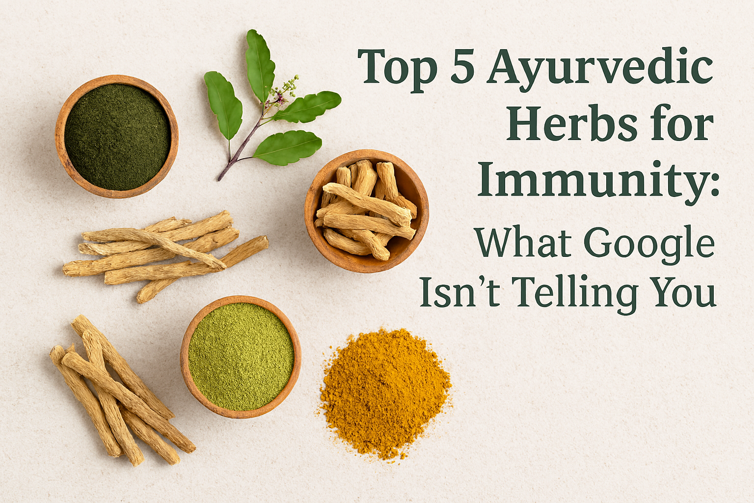 Top 5 Ayurvedic Herbs for Immunity: What Google Isn’t Telling You'—featuring five herbal items arranged on a light surface, including green powder, turmeric, dried roots, and leafy branches. The layout emphasizes lesser-known Ayurvedic remedies for boosti