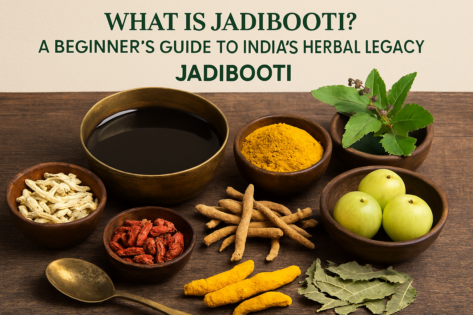 What Is Jadibooti? A Beginner's Guide to Indian Herbal Legacy'—featuring a curated display of Ayurvedic ingredients including turmeric powder, mint leaves, dried roots, Indian gooseberries (amla), red berries, and a bowl of dark herbal liquid. A brass spo
