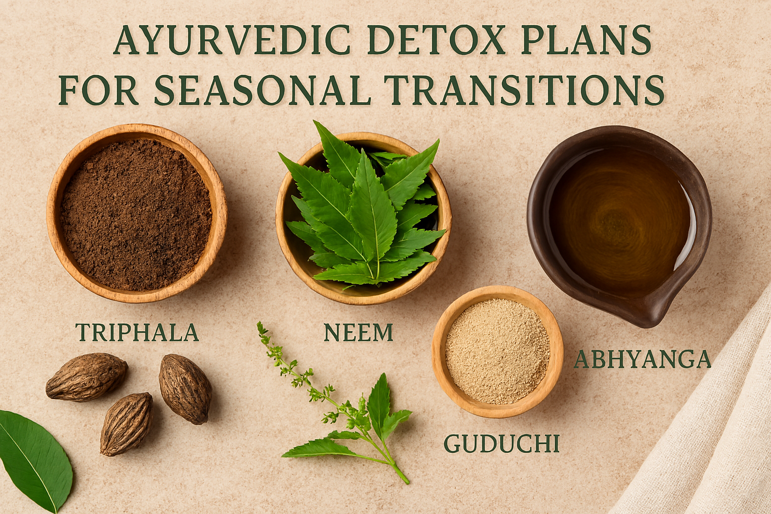 Triphala, neem, ashwagandha, and ginger displayed with the text “Ayurvedic Detox Plans for Seasonal Transitions