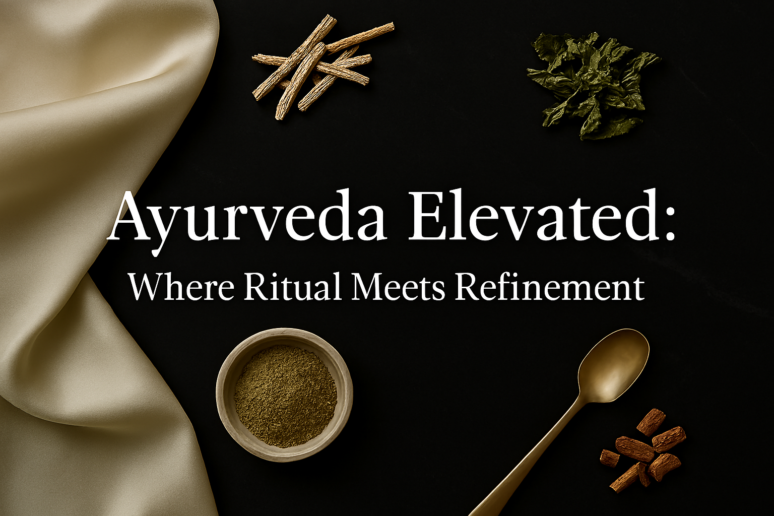 Ayurvedic herbs and spices like star anise and cardamom arranged around the text “Ayurveda Elevated: Where Ritual Meets Refinement