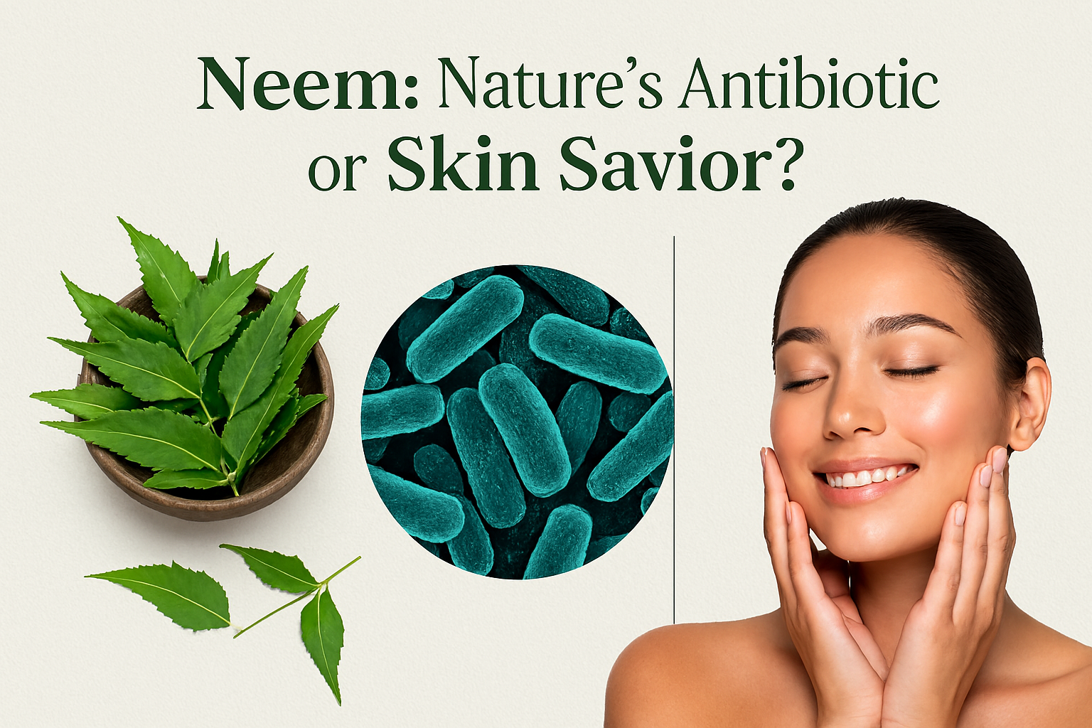 Promotional image exploring neem’s dual role as 'Nature’s Antibiotic or Skin Savior?'—featuring a bowl of neem leaves, a microscopic view of bacteria, and a smiling person touching their face, symbolizing neem’s potential for immunity and skincare.