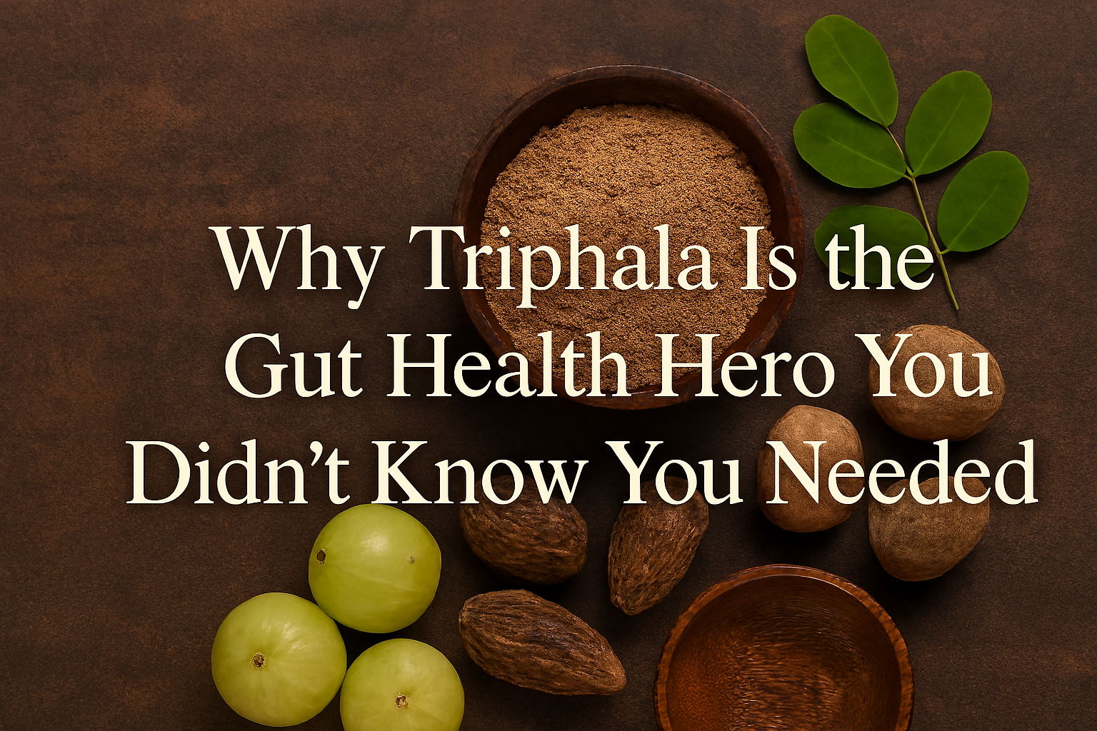 'Why Triphala Is the Gut Health Hero You Didn't Know You Needed' overlaid on a wooden surface featuring Ayurvedic ingredients like dried fruits, green leaves, and a bowl of herbal powder. Highlights Triphala’s role in digestive wellness and natural healin