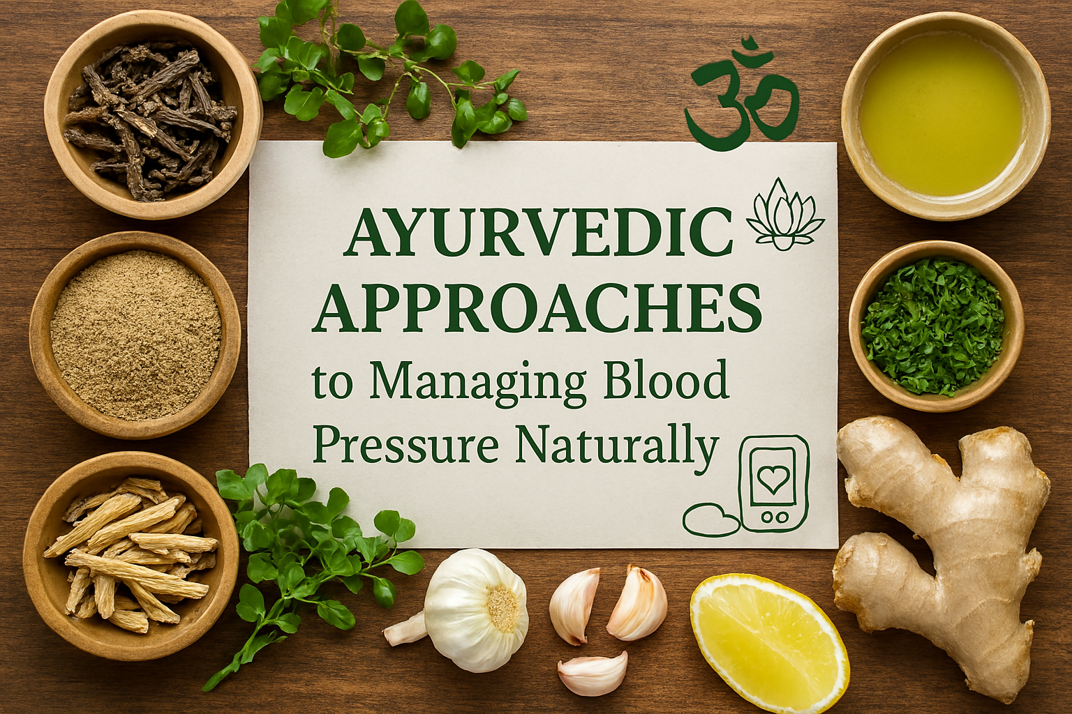 Flat lay of Ayurvedic herbs like ginger, garlic, lemon, and spices around the text “Managing Blood Pressure Naturally.”