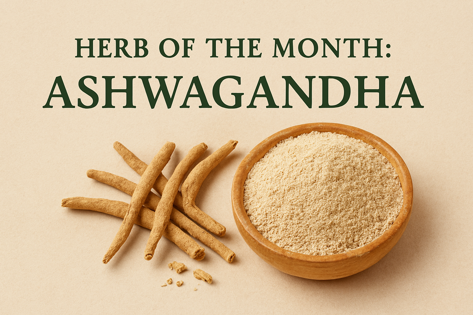Ashwagandha roots and powder featured under the title “Herb of the Month,” highlighting its natural wellness benefits.4