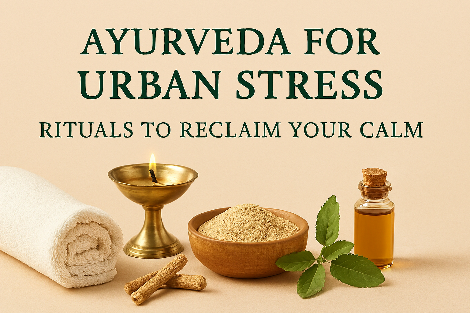 Ayurvedic items like oil, herbs, and towel arranged with the text “Ayurveda for Urban Stress: Rituals to Reclaim Your Calm.”