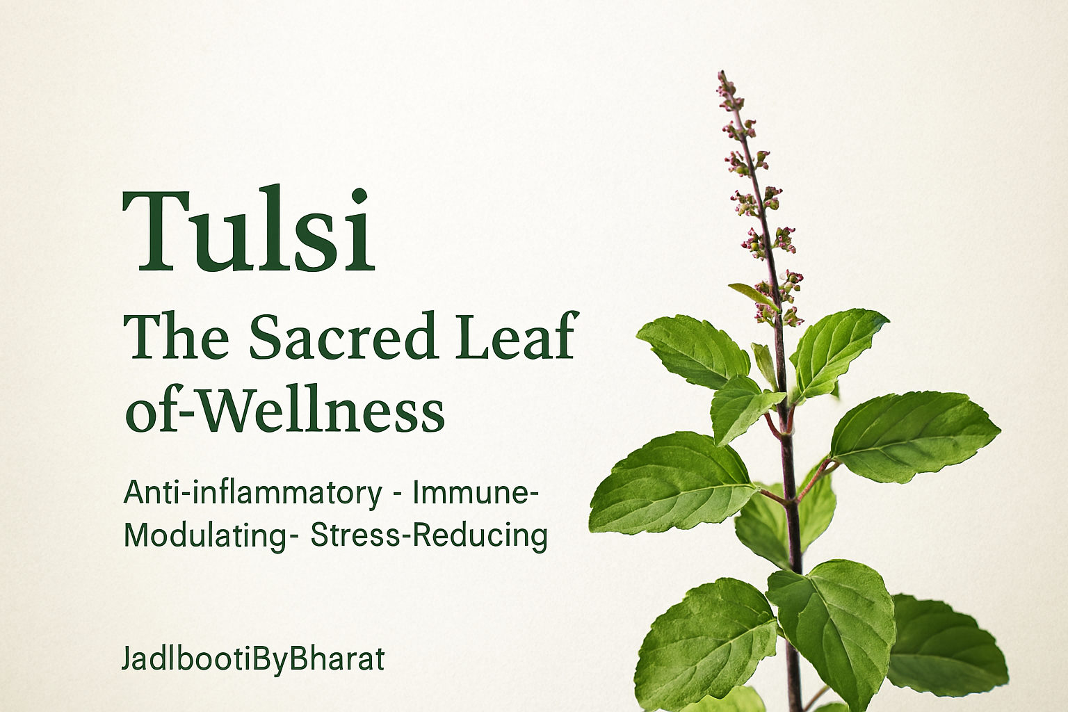a Tulsi (Holy Basil) sprig with green leaves and a purple flowering stalk on the right, and text on the left reading: 'Tulsi – The Sacred Leaf of Wellness. Anti-Anxiety · Immune · Balancing · Detoxifying.' Highlights Tulsi’s therapeutic properties in trad