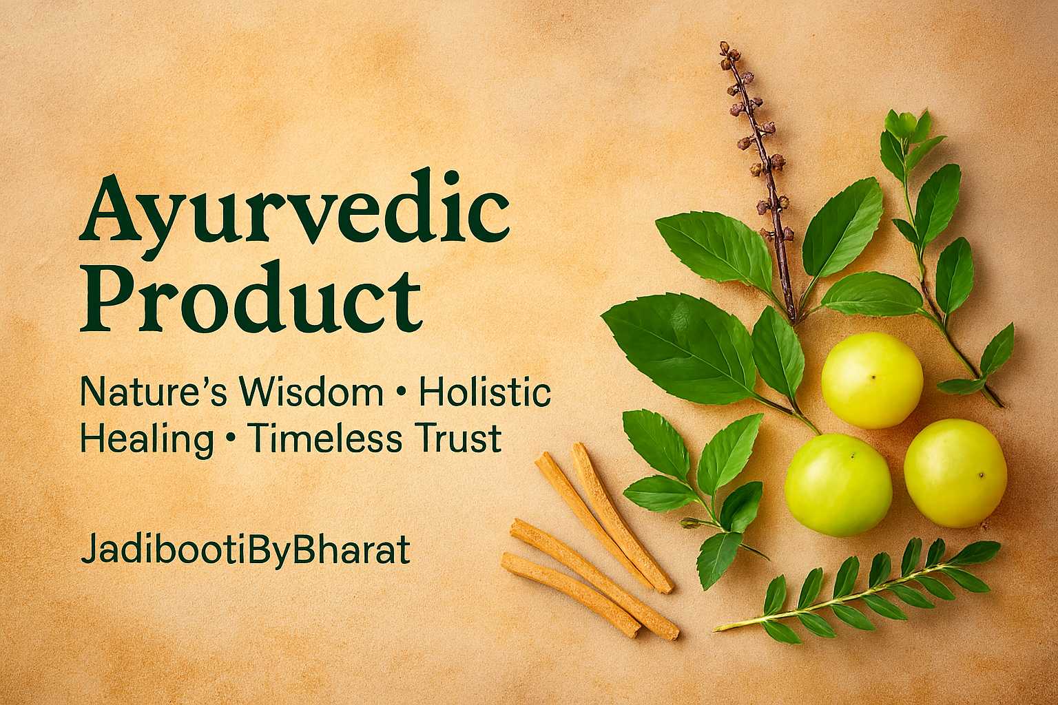 an Ayurvedic product by SafeBoostByNature, featuring three Indian gooseberries (amla), herbal roots resembling ashwagandha, and green leaves arranged on a warm, earthy background. Text reads: 'Ayurvedic Product – Nature's Wisdom · Holistic Healing · Timel