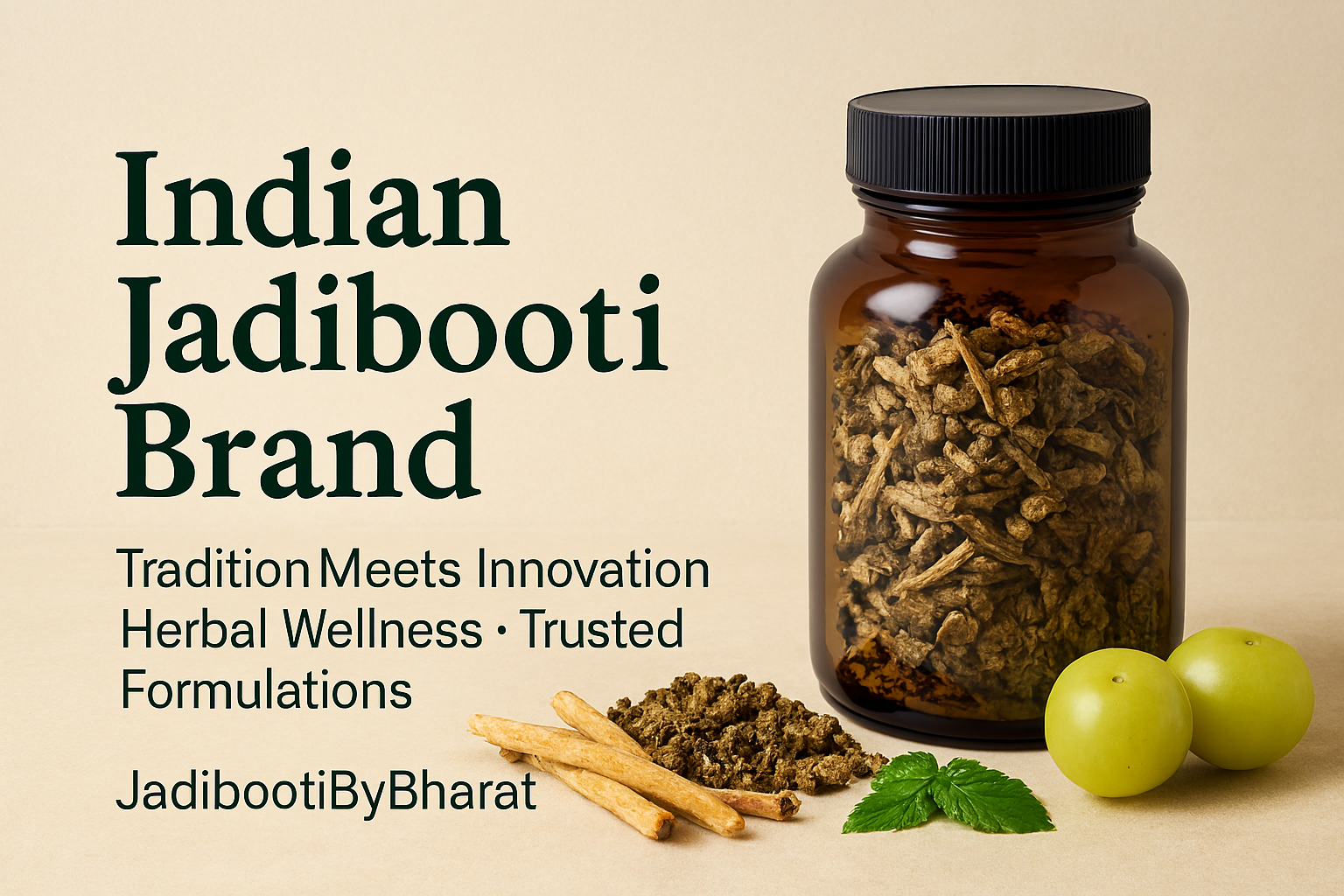 Promotional display for an Indian Jadibooti brand featuring a brown glass jar of dried herbs surrounded by fresh amla fruits, cinnamon sticks, and mint leaves. The background includes the text 'Tradition Meets Innovation – Herbal Wellness, Trusted Formula