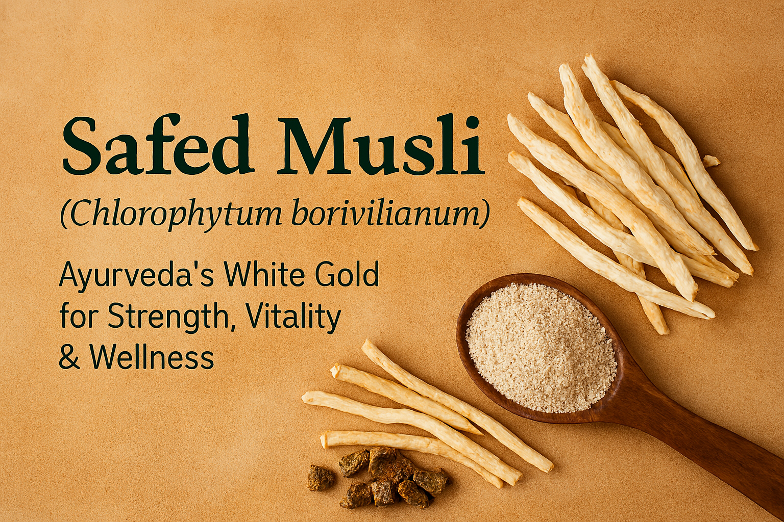 Promotional image for Safed Musli (Chlorophytum borivilianum), featuring whole roots and a wooden spoon filled with powdered extract on a warm earthy background. Text reads 'Ayurveda’s White Gold for Strength, Vitality & Wellness'—highlighting its traditi