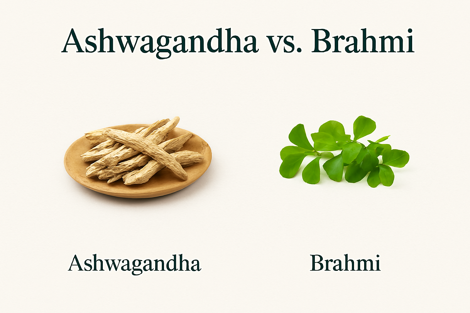Side-by-side image of Ashwagandha roots in a bowl and fresh Brahmi leaves, labeled for herbal comparison.