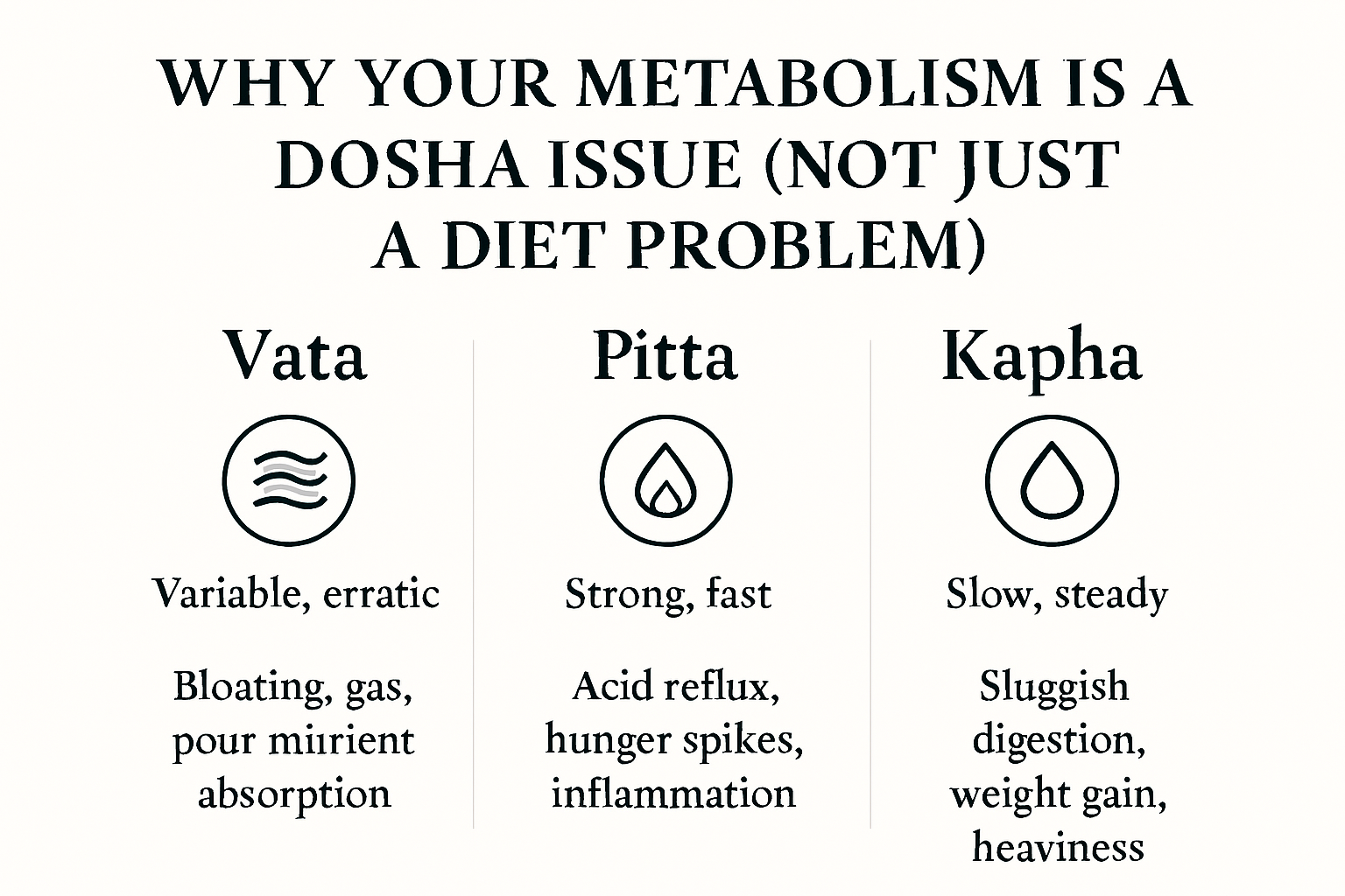 'Why Your Metabolism Is a Dosha Issue (Not Just a Diet Problem)' showing how Ayurvedic dosha types—Vata, Pitta, and Kapha—affect metabolic patterns. Vata is described as variable and erratic, linked to bloating and poor absorption; Pitta as strong and fas