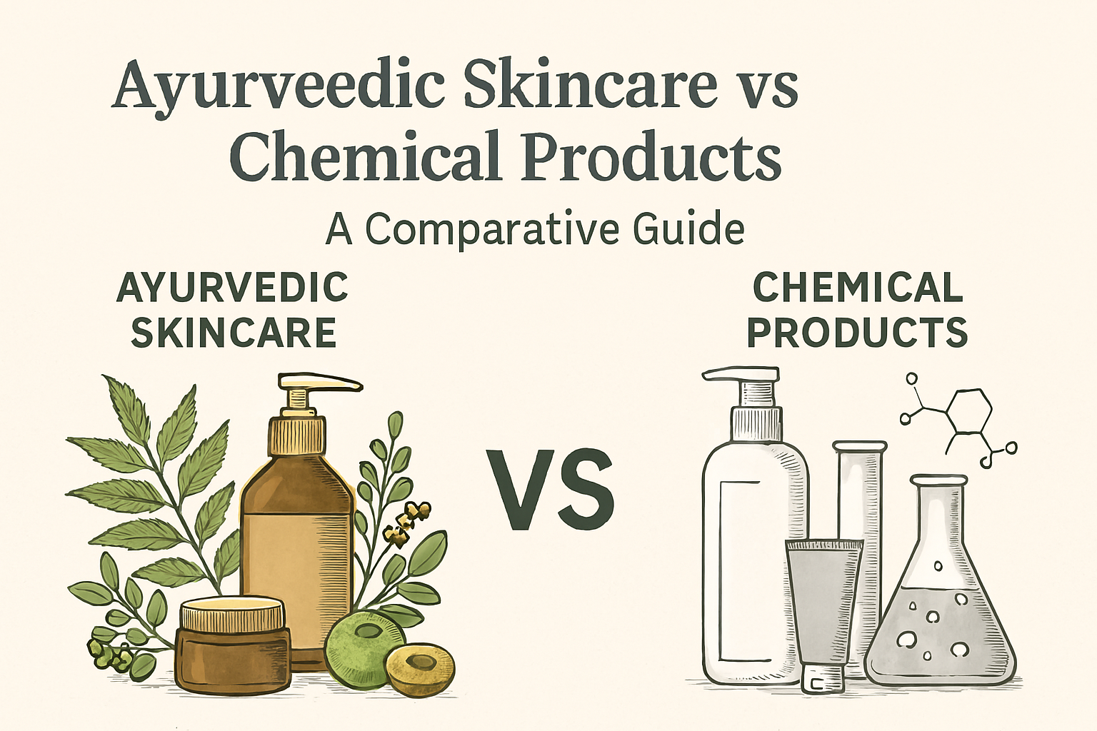 Visual comparison of Ayurvedic skincare with natural ingredients like avocado and amla vs chemical products with lab glassware and molecules.dd