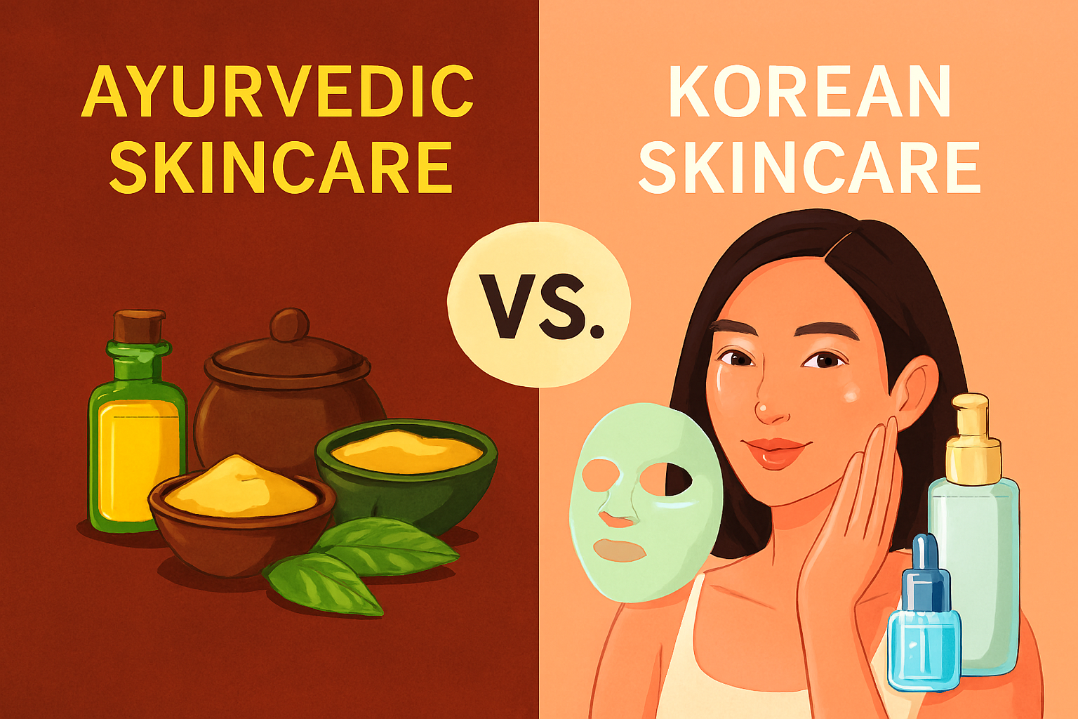 Split-screen infographic comparing Ayurvedic Skincare and Korean Skincare. The Ayurvedic side features herbal powders, leaves, and bottles symbolizing natural, holistic beauty rituals. The Korean side shows a person applying skincare with sheet masks and 