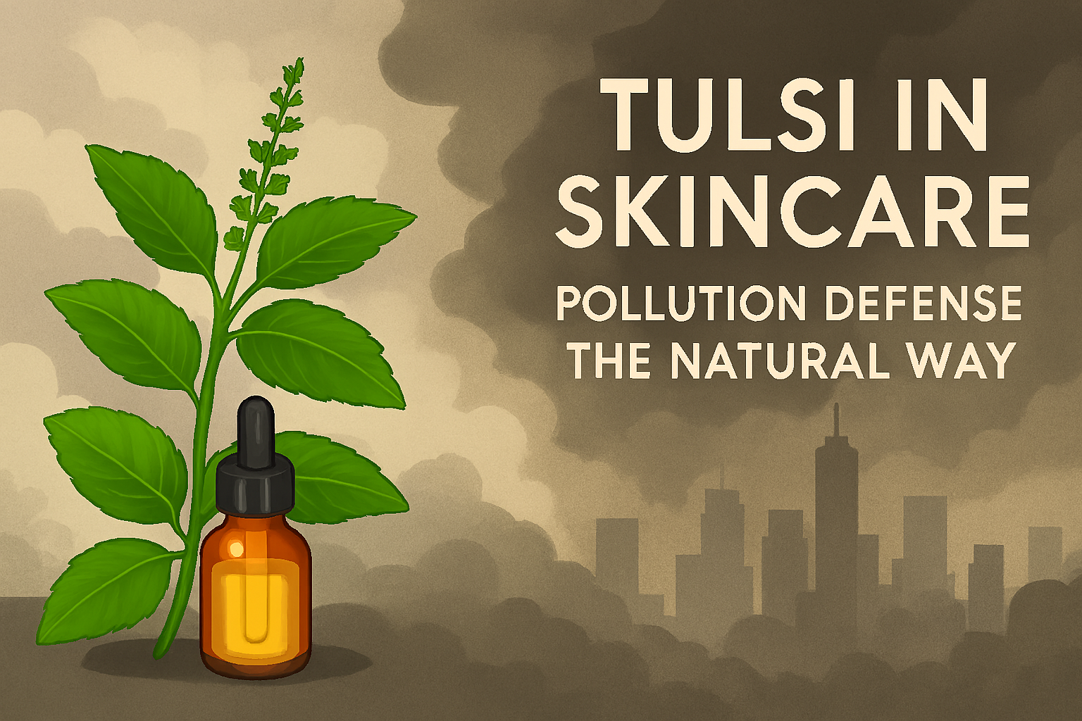Promotional graphic showcasing Tulsi (Holy Basil) as a natural skincare ingredient for pollution defense. Features a Tulsi plant, amber dropper bottle, and a smoggy city skyline, with bold text reading “Tulsi in Skincare – Pollution Defense the Natural Wa