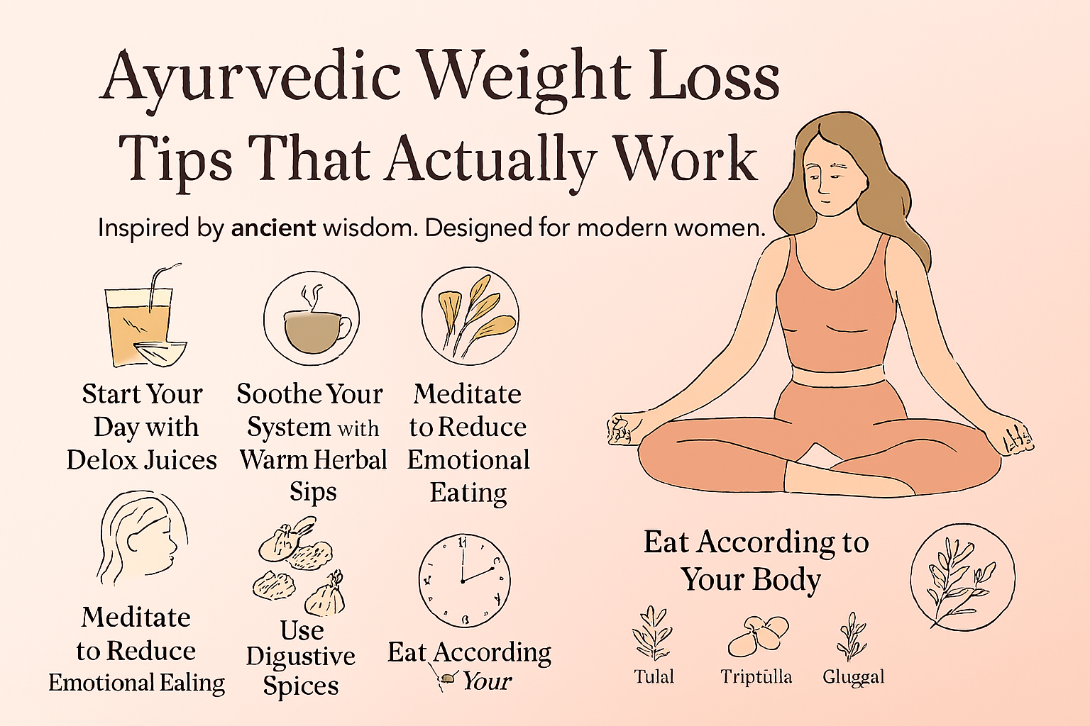 Ayurvedic Weight Loss Tips That Actually Work' featuring a person in a meditative pose at the center, surrounded by six illustrated tips: Start your day with warm water, Eat 3 meals a day without snacking, Make lunch your biggest meal, Minimize cold/raw f
