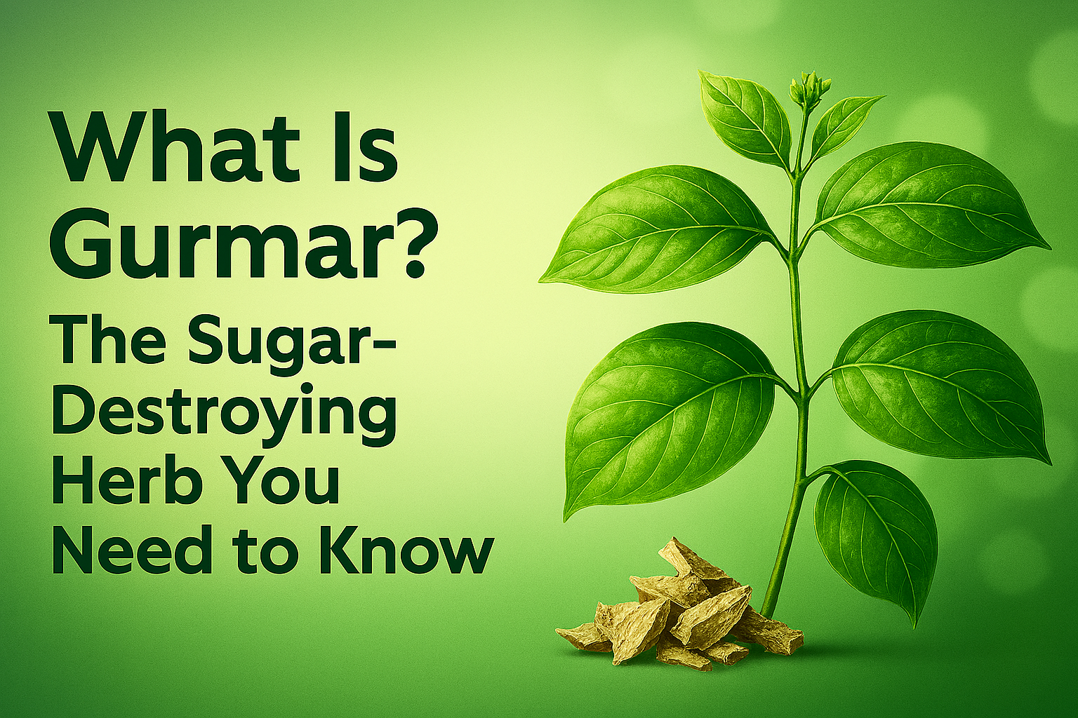Illustration of Gurmar plant with vibrant green leaves and dried herb pieces, set against a soft green background with bokeh lights, promoting Ayurvedic sugar control.
