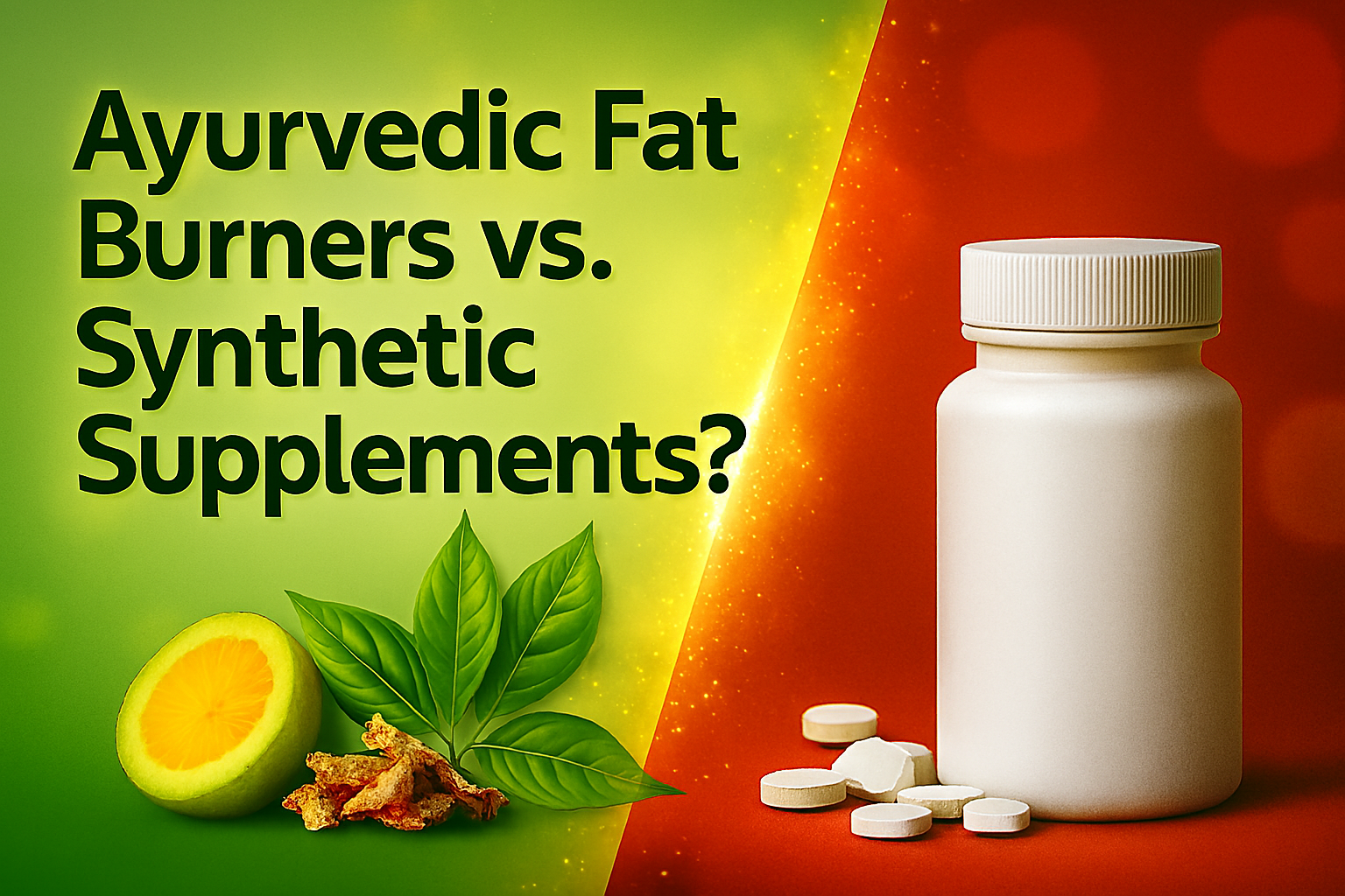 Split-screen comparison of Ayurvedic fat burners with Garcinia fruit, herbs, and leaves on a green background versus a synthetic supplement bottle on a red background.