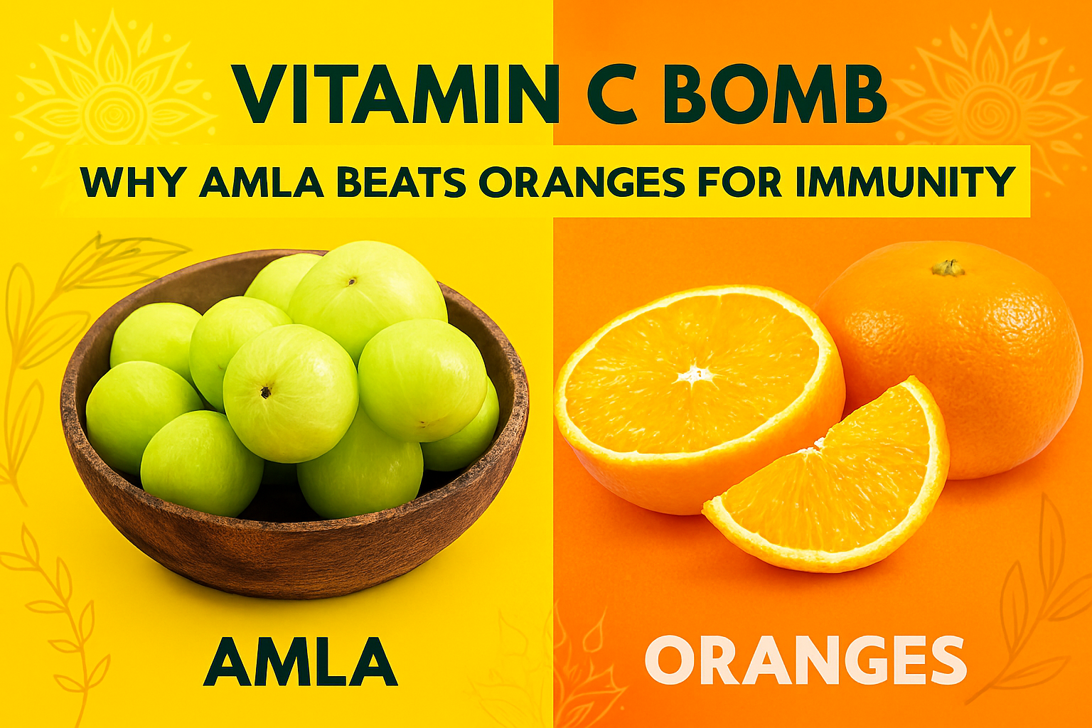 Comparison of Amla and oranges for immunity, showing a bowl of fresh green Amla fruits beside sliced oranges with bold text highlighting Amla’s higher Vitamin C content.