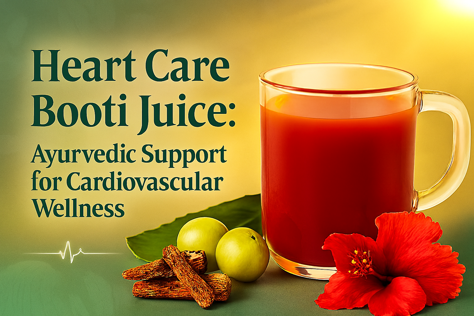 Heart Care Booti Juice in a glass mug with Ayurvedic herbs like hibiscus, amla, aloe vera, and arjun chal, promoting cardiovascular wellness with a golden glow and heartbeat graphic