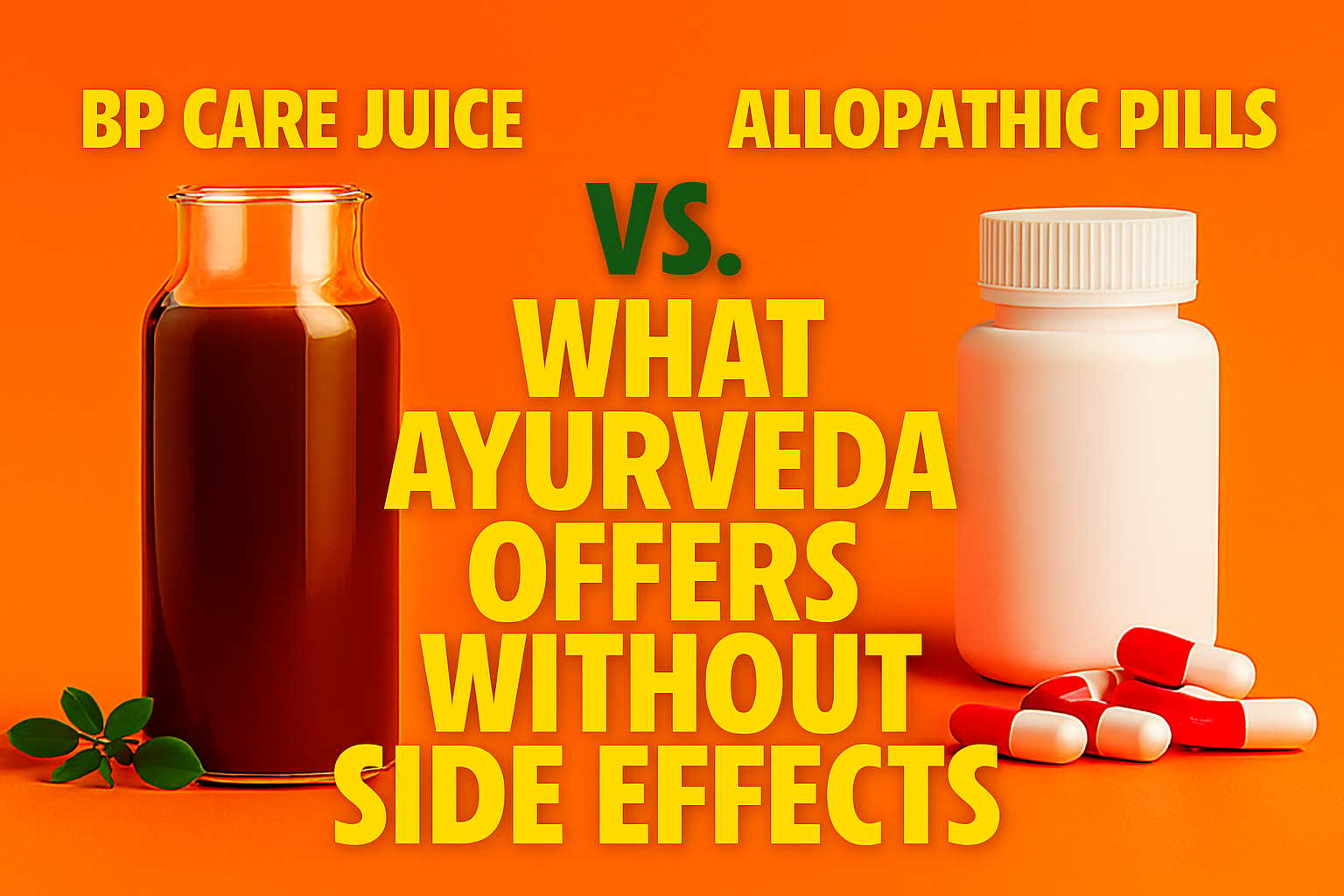 Bold orange graphic comparing Ayurveda and allopathic pills, featuring yellow text stating “What Ayurveda Offers Without Side Effects” and a white pill bottle with red-and-white capsules.
