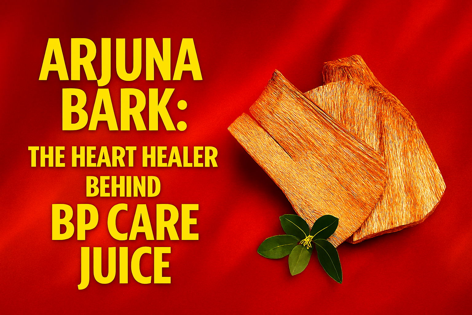 Promotional graphic featuring Arjuna bark and green Ayurvedic leaves on a rich red background, with bold yellow text reading “Arjuna Bark: The Heart Healer Behind BP Care Juice