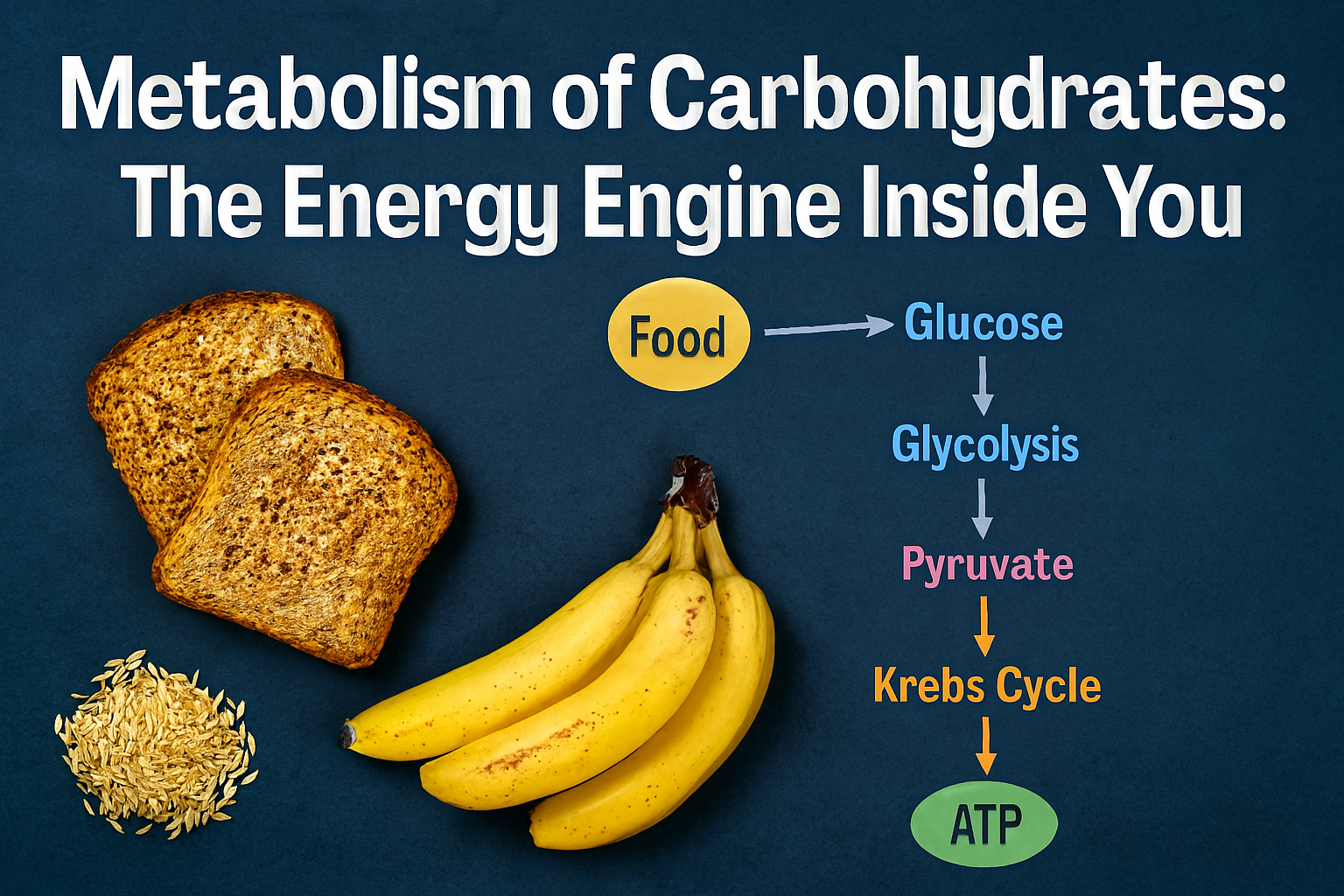 Educational graphic showing the metabolism of carbohydrates with a flowchart from food to ATP, including stages like glucose, glycolysis, pyruvate, and Krebs cycle. Includes images of whole grain toast, bananas, and rice on a dark blue background with whi