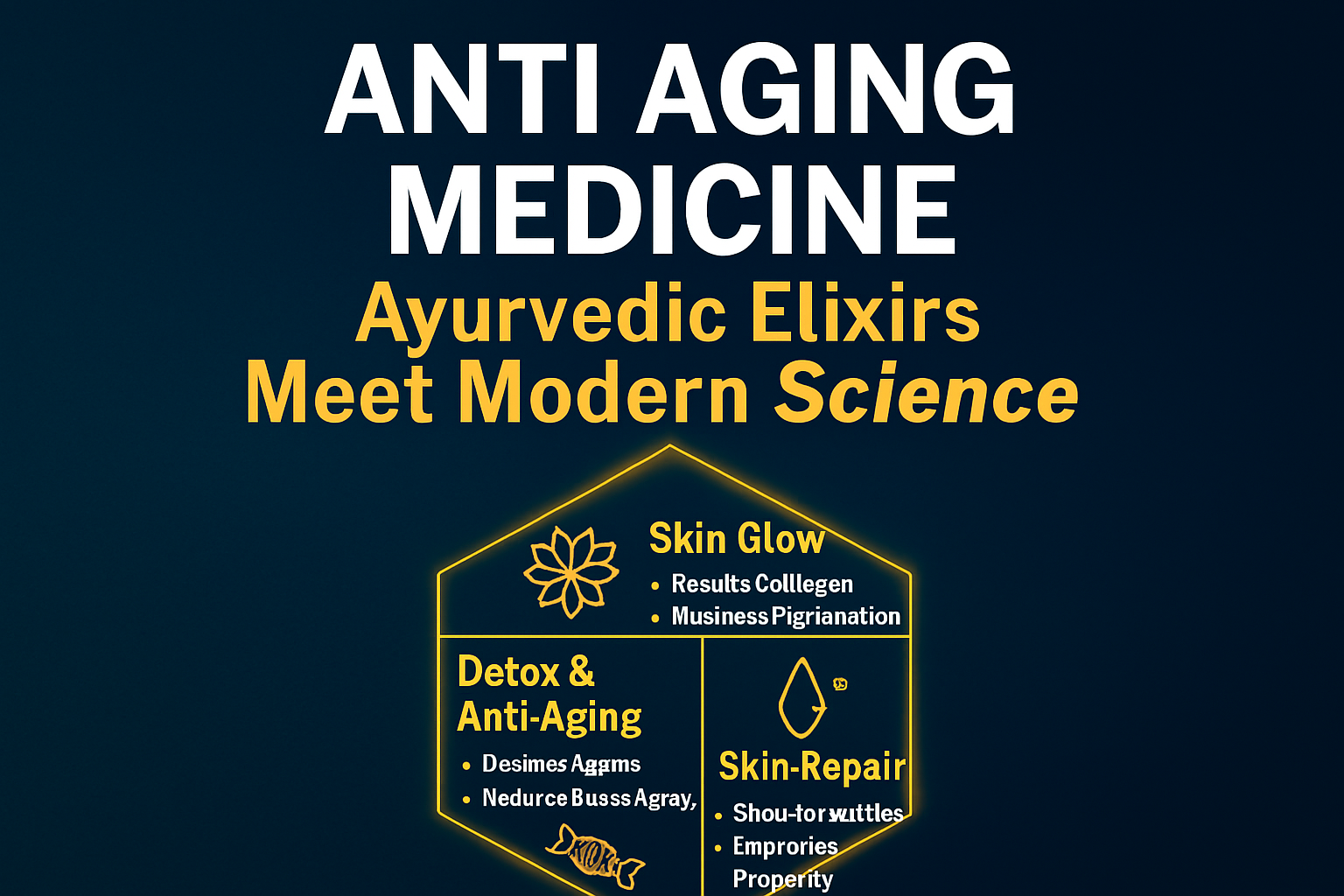 Promotional graphic for anti aging medicine featuring bold white and golden-yellow text on a navy blue background. Includes a hexagonal chart with three sections: Skin Glow (Boosts Collagen, Reduces Pigmentation), Detox & Anti-Aging (Flushes Toxins, Reduc