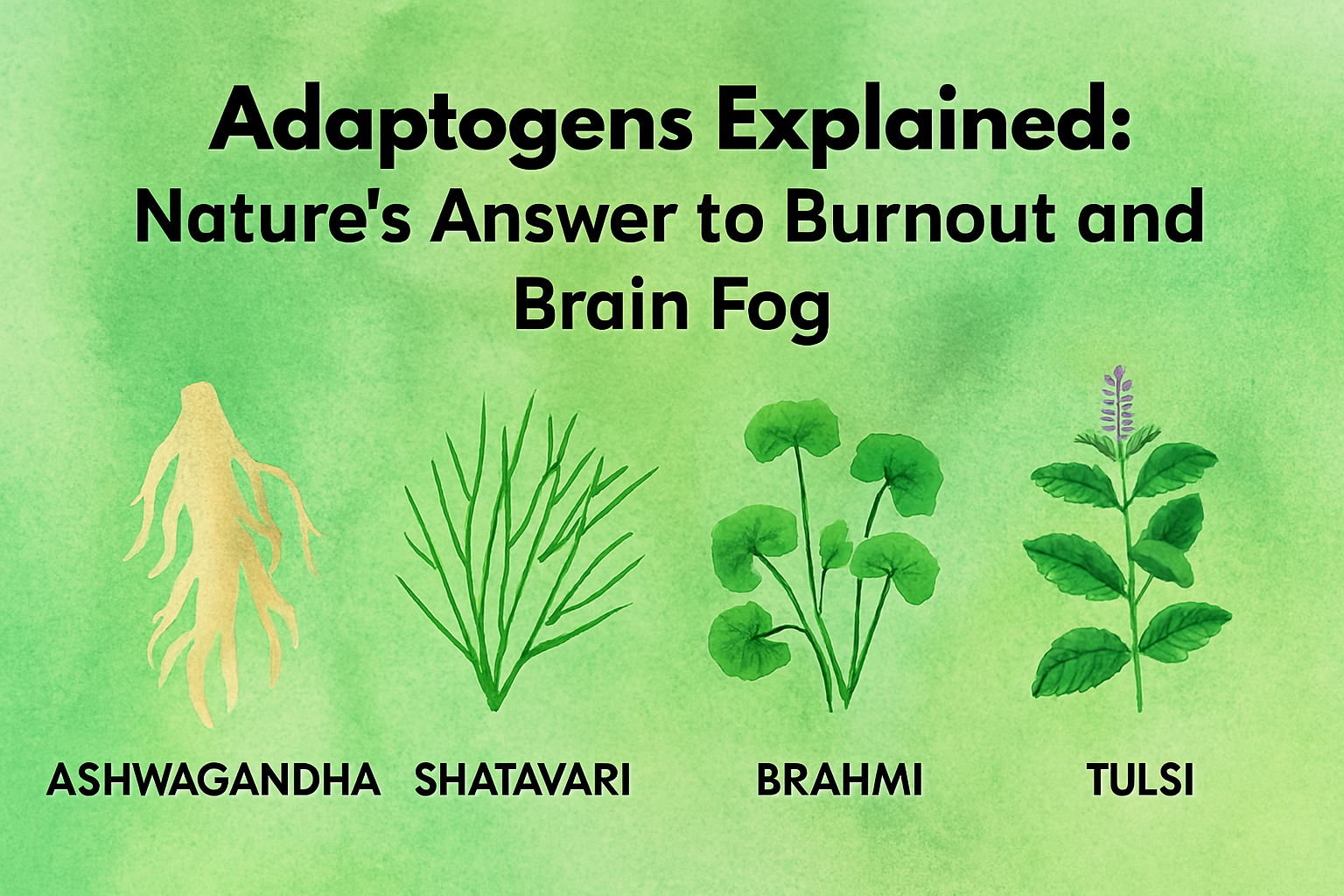 Infographic showing four adaptogenic herbs—Ashwagandha, Shatavari, Brahmi, and Tulsi—on a green watercolor background with bold black title text about burnout and brain fog.