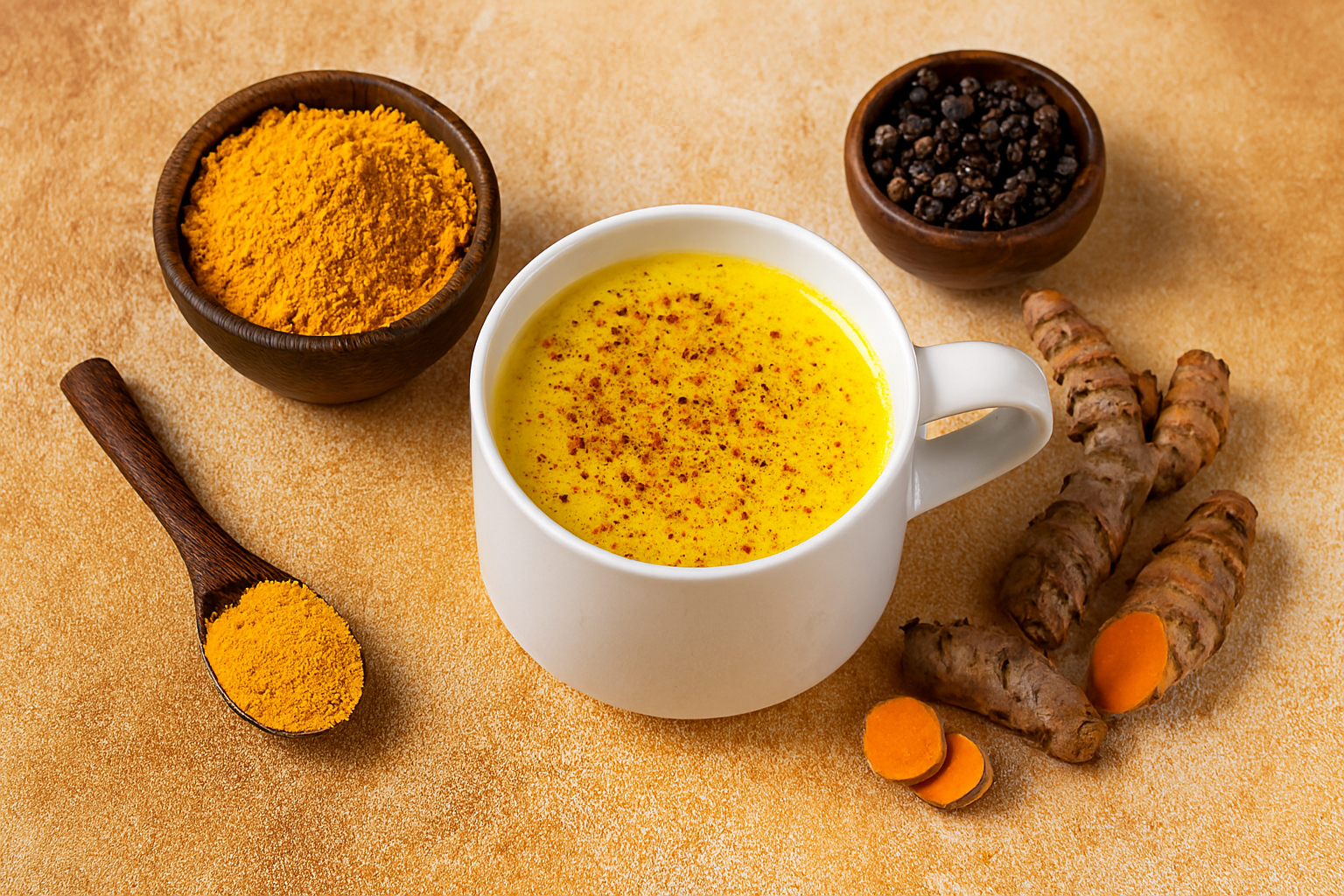 “A warm ceramic mug of turmeric milk surrounded by fresh turmeric root, powdered turmeric, and black peppercorns on a rustic background—highlighting Ayurvedic ingredients and wellness.”