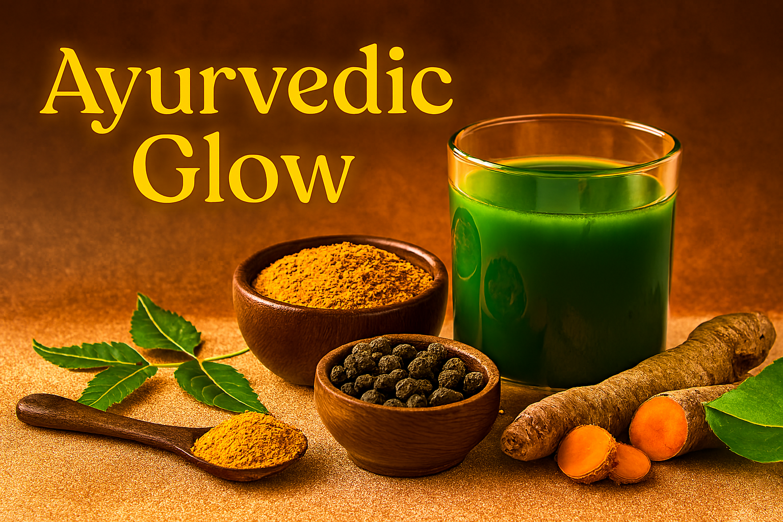 “Ayurvedic Glow setup with a vibrant green skin glow drink, turmeric powder, neem leaves, triphala, aloe vera, and fresh turmeric root arranged on a warm-toned background—highlighting Ayurvedic face glow tips and natural skincare.”