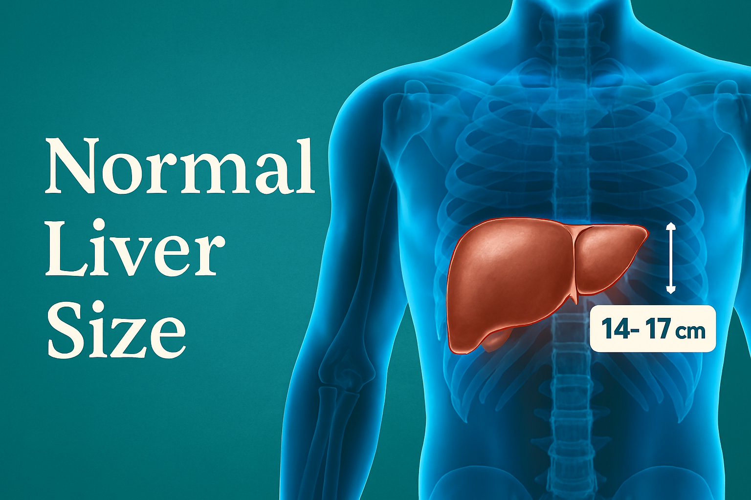 “Medical illustration showing normal liver size in adult human anatomy, with labeled liver dimensions (14–17 cm) inside a semi-transparent torso on teal background.”