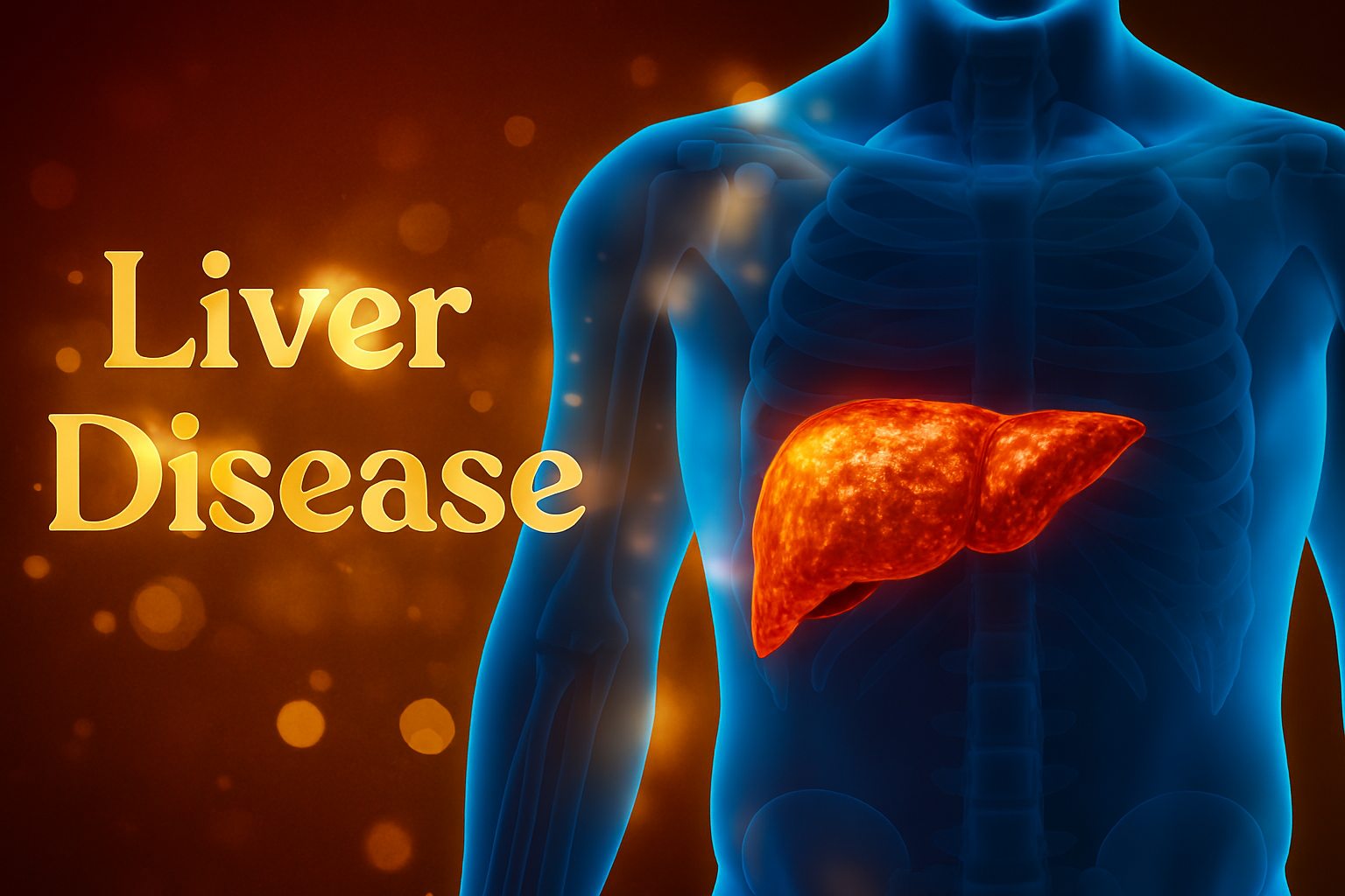 “Medical illustration of liver disease showing a glowing, diseased liver inside a semi-transparent blue human torso, with golden ‘Liver Disease’ text on a warm, textured background.”