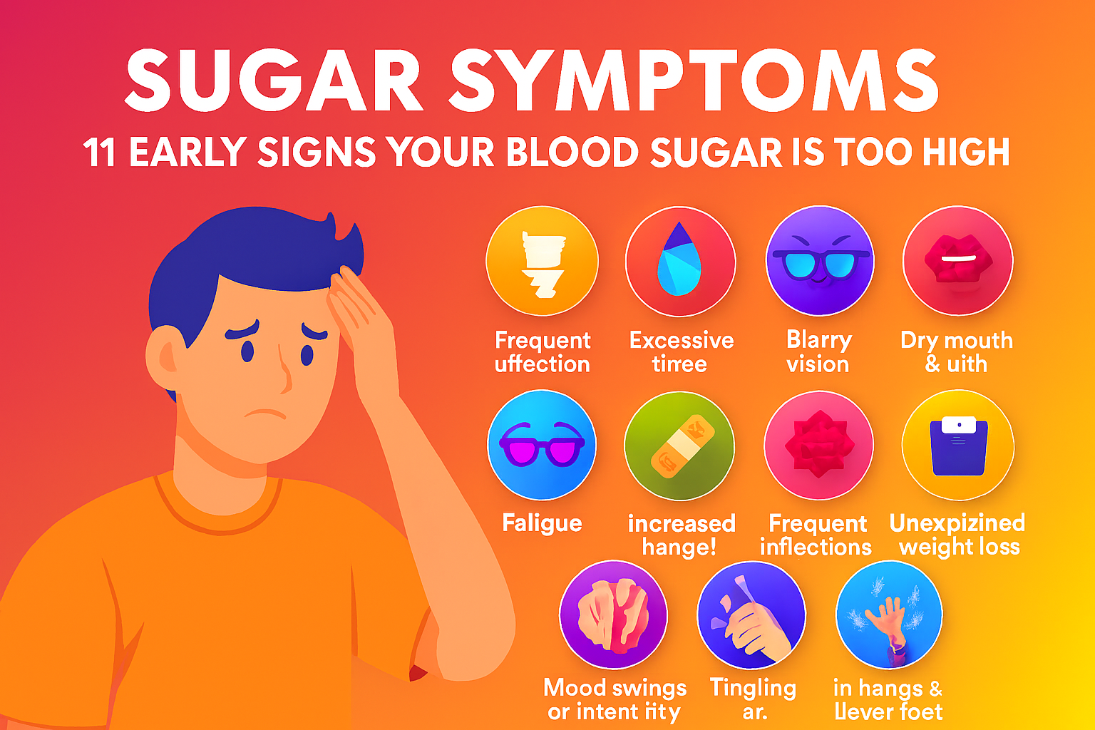 Colorful infographic showing 11 early symptoms of high blood sugar, including icons for frequent urination, excessive thirst, blurry vision, fatigue, and more, alongside an illustration of a concerned man.