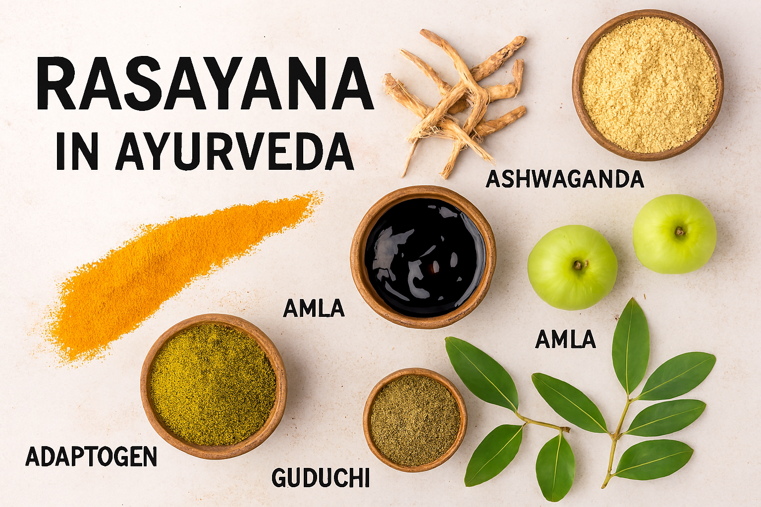 Flat lay of Ayurvedic Rasayana herbs including Ashwagandha roots and powder, Shilajit resin, Amla fruits, Guduchi leaves, and adaptogen powders on a beige background with bold text 