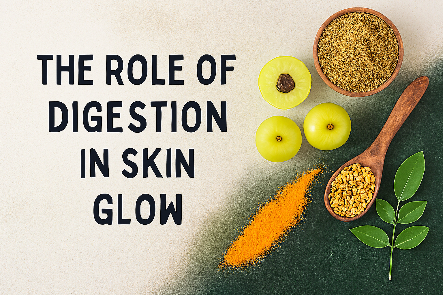 Flat lay of Ayurvedic ingredients including Triphala powder, fresh amla fruits, cumin seeds, turmeric smear, and green herb leaves on a soft green and cream background with bold text 