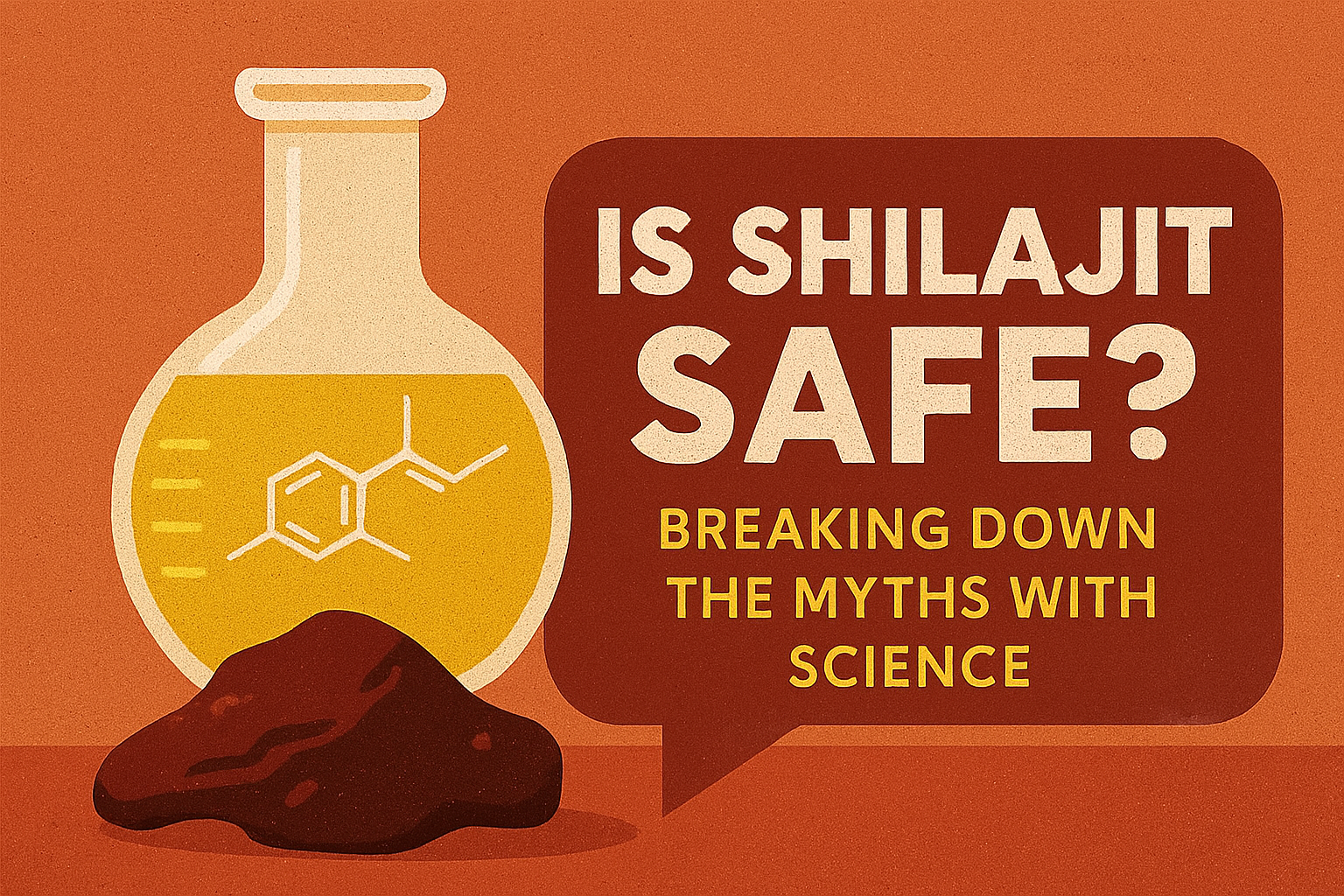 Conceptual illustration of a beaker containing golden Shilajit liquid with molecular structure, paired with bold text “Is Shilajit Safe? Breaking Down the Myths with Science” and a resin depiction—highlighting the scientific and Ayurvedic credibility of S