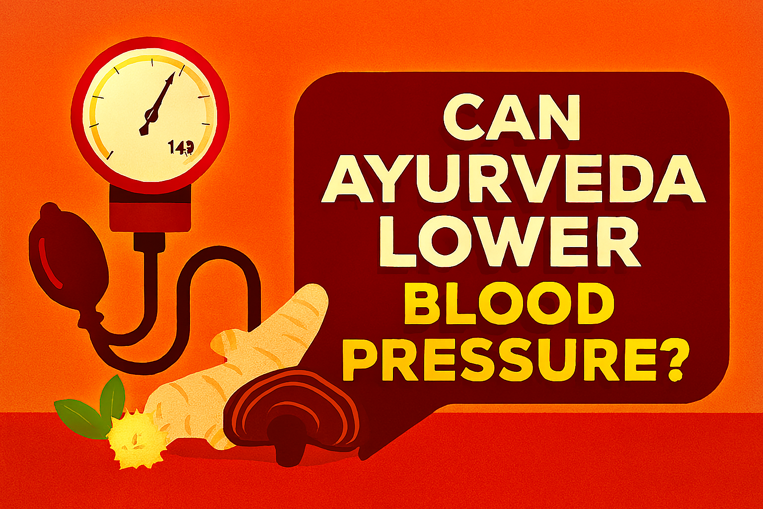 llustrated blood pressure monitor with Ayurvedic herbs including Arjuna flower, ginger root, and reishi mushroom, set against a warm orange background with bold text asking “Can Ayurveda Lower Blood Pressure?”—symbolizing natural hypertension support back